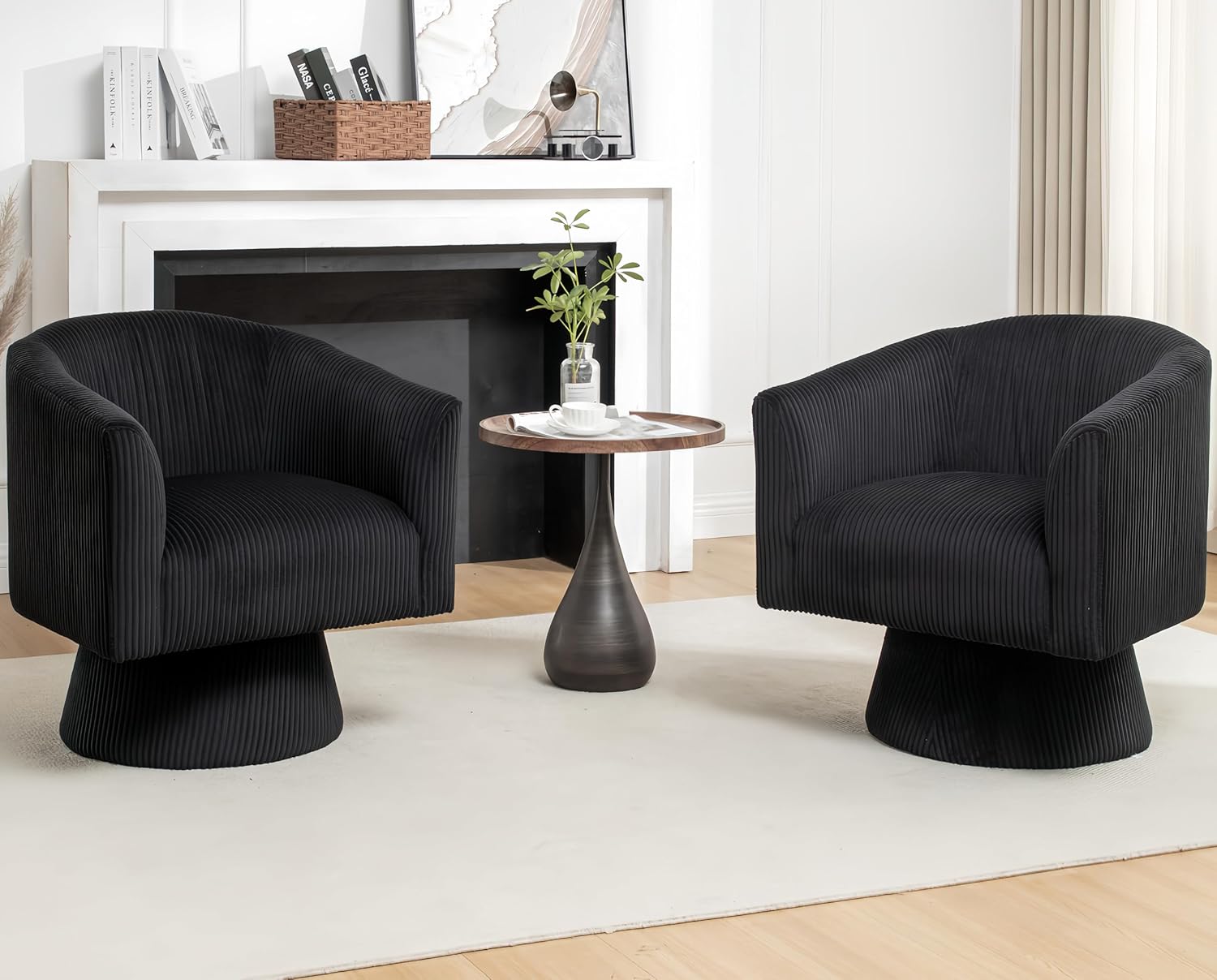 Swivel Accent Chair Set of 2, Modern 360° Swivel Barrel Chair, Corduroy Upholstered Single Sofa for Living Room, Bedroom(Black)