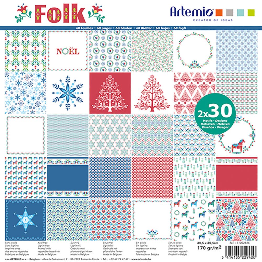 Artemio Folk Scrapbooking Paper 30.5 x 30.5 cm Pack of 60