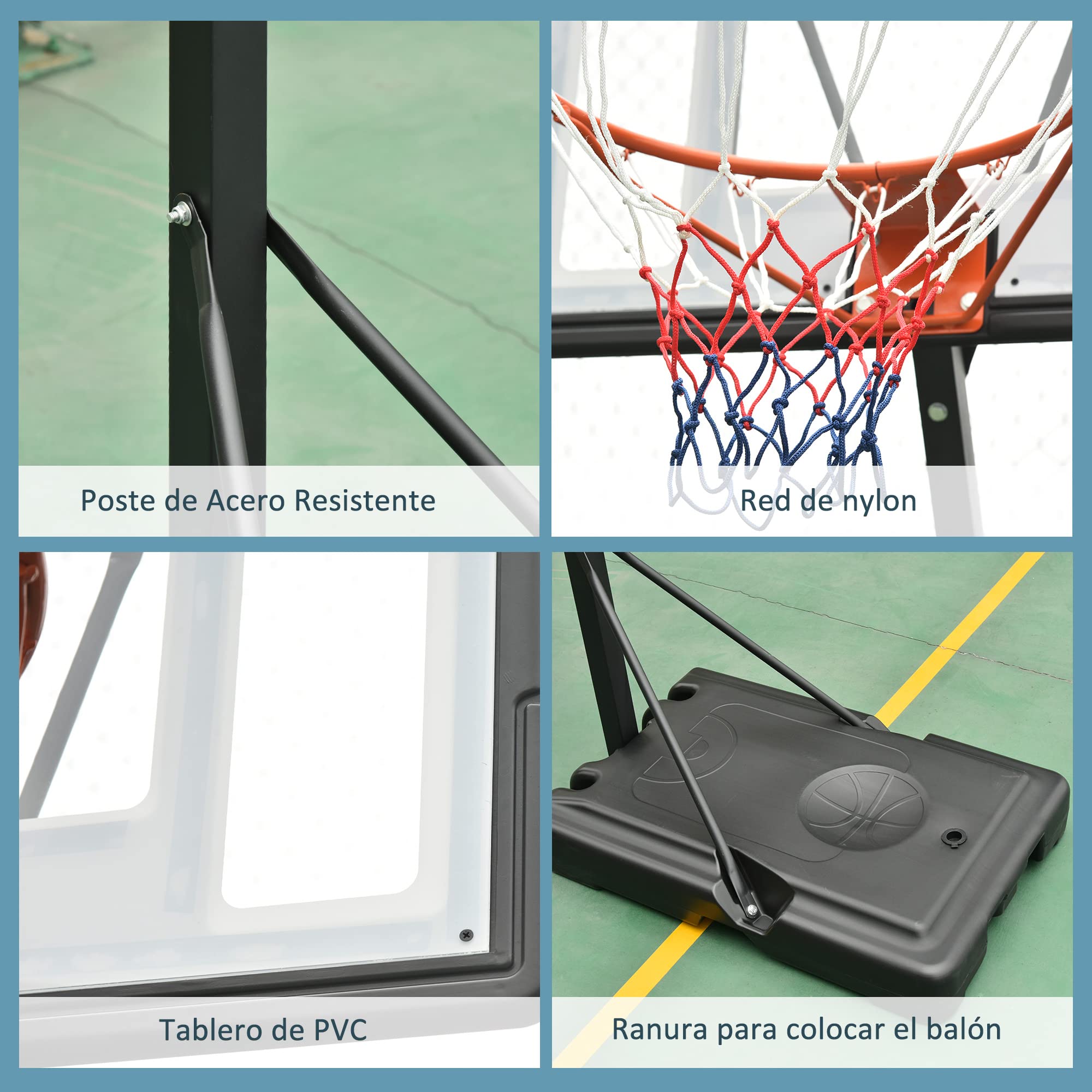 HOMCOM Canasta de Baloncesto Aro Portátil Ajustable Altura 302-352 cm Base Rellenable con Ruedas Negro