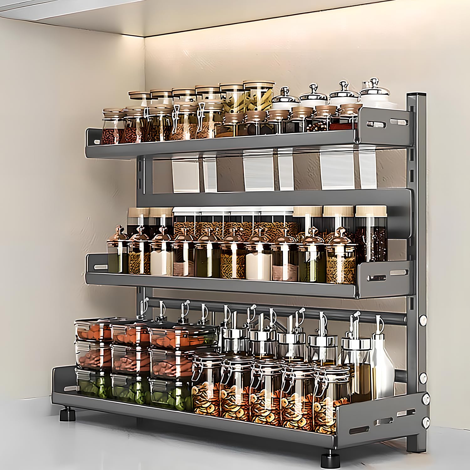 devesanter Standing Spice Rack, 3 Tiers, Metal Spice Rack, Height Adjustable Spice Holder, Kitchen Shelf Organiser for Worktop Storage, Grey
