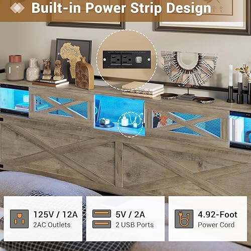 Miniatura 5 de Hasuit Base de cama de granja tamaño Queen con luces LED y estación de carga, cama Queen de plataforma rústica con cabecera de almacenamiento con