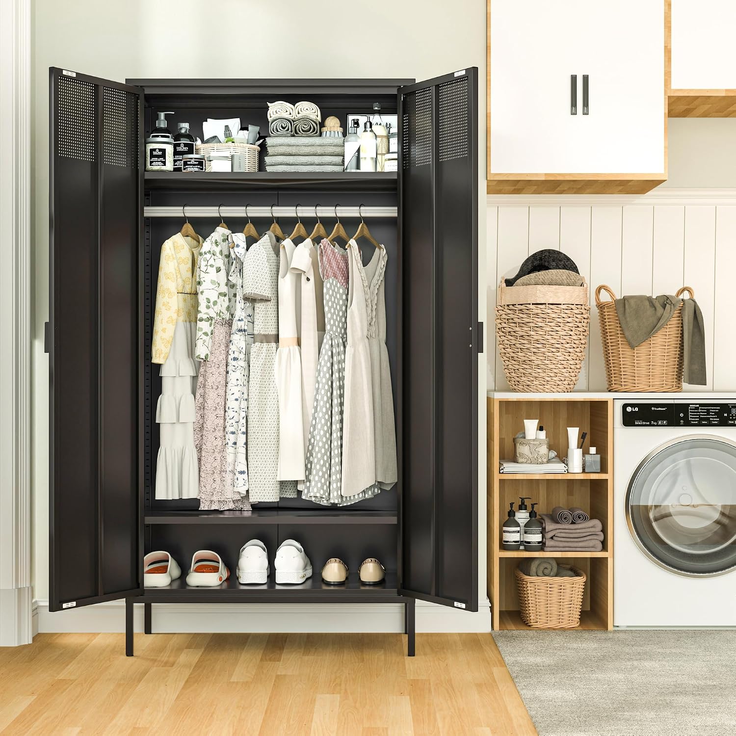 71 Inches Black Metal Wardrobe Cabinet with Hanging Rod, Metal Armoire Wardrobe Closet with Doors for Bedroom, Office, Laundry Room and Changing Room, Metal Locker Cabinet
