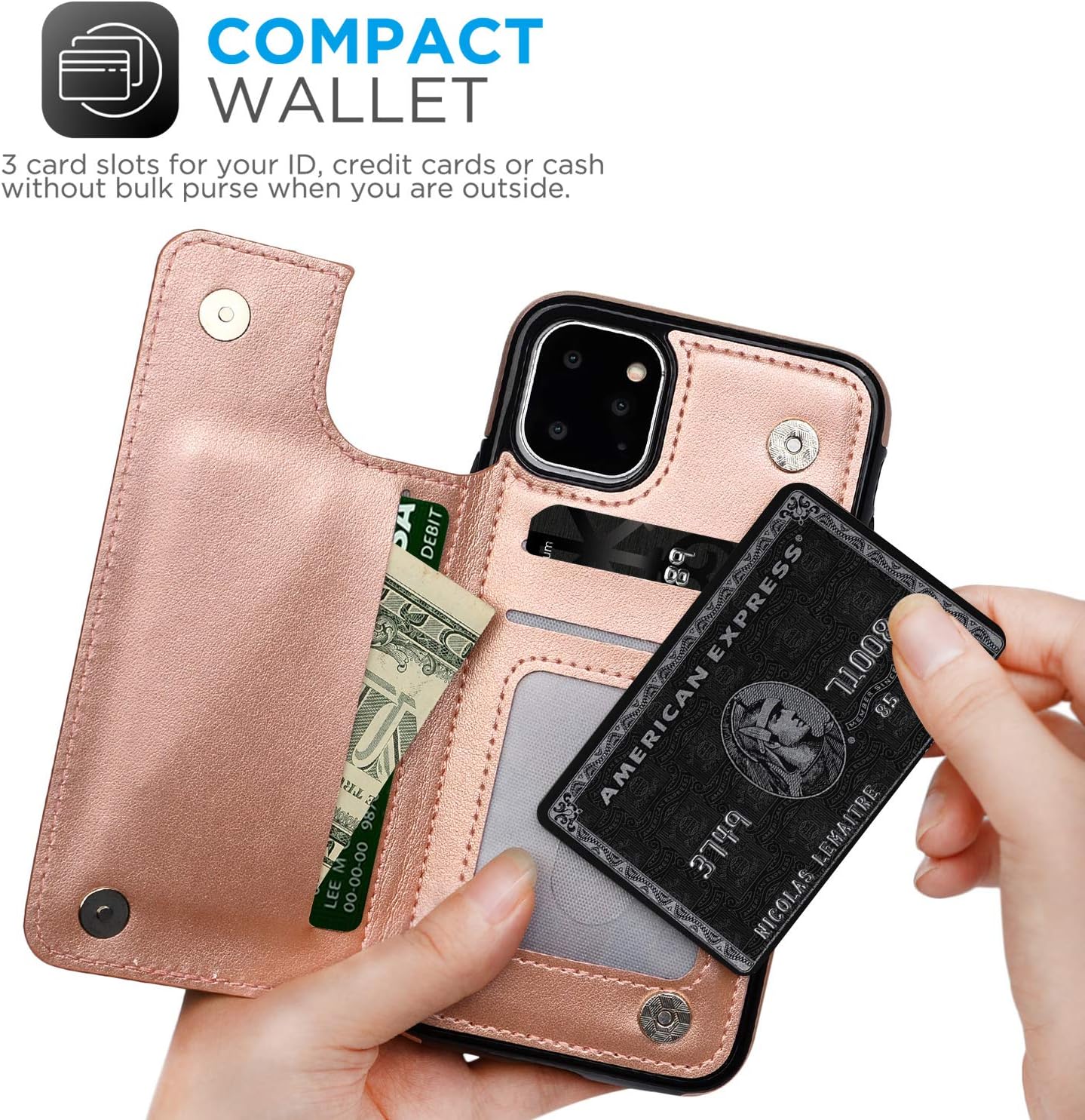 Compatible with iPhone 11 Pro Wallet Case, Case with Card Holder Embossed Butterfly Premium PU Leather Double Magnetic Buttons Flip Shockproof Protective Cover for iPhone 11 Pro 5.8 inch, Rose Gold