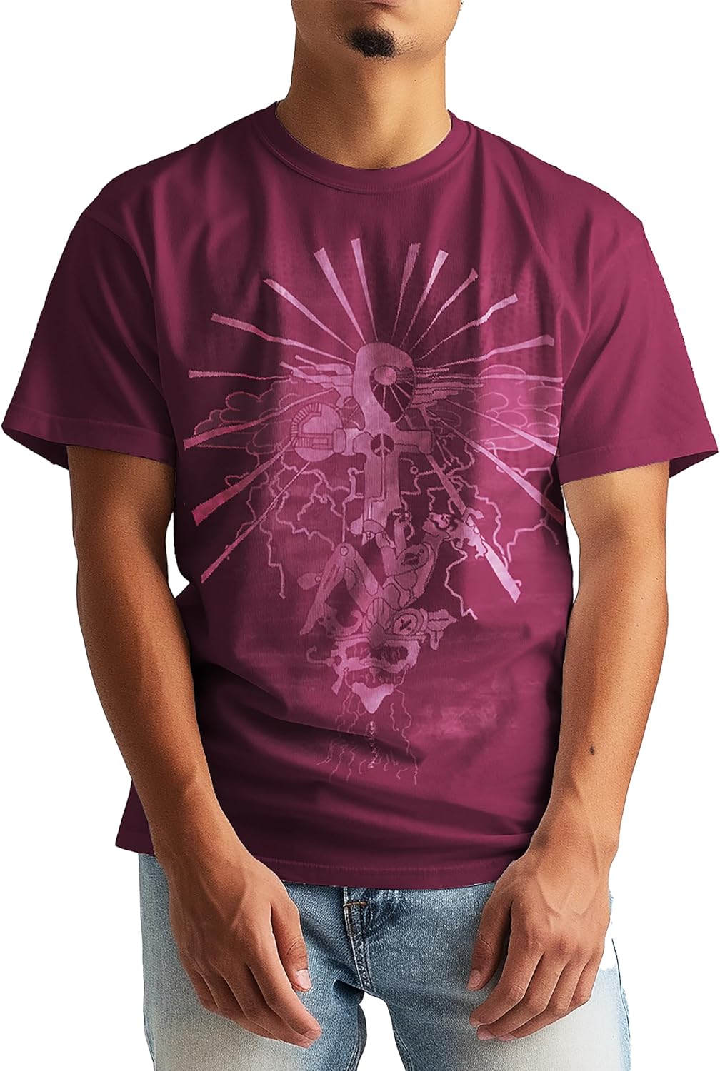 Soft Print Unisex T-Shirt, Subtle Graphic, Mayan-Inspired, Maroon, 100% Cotton, Made in The USA