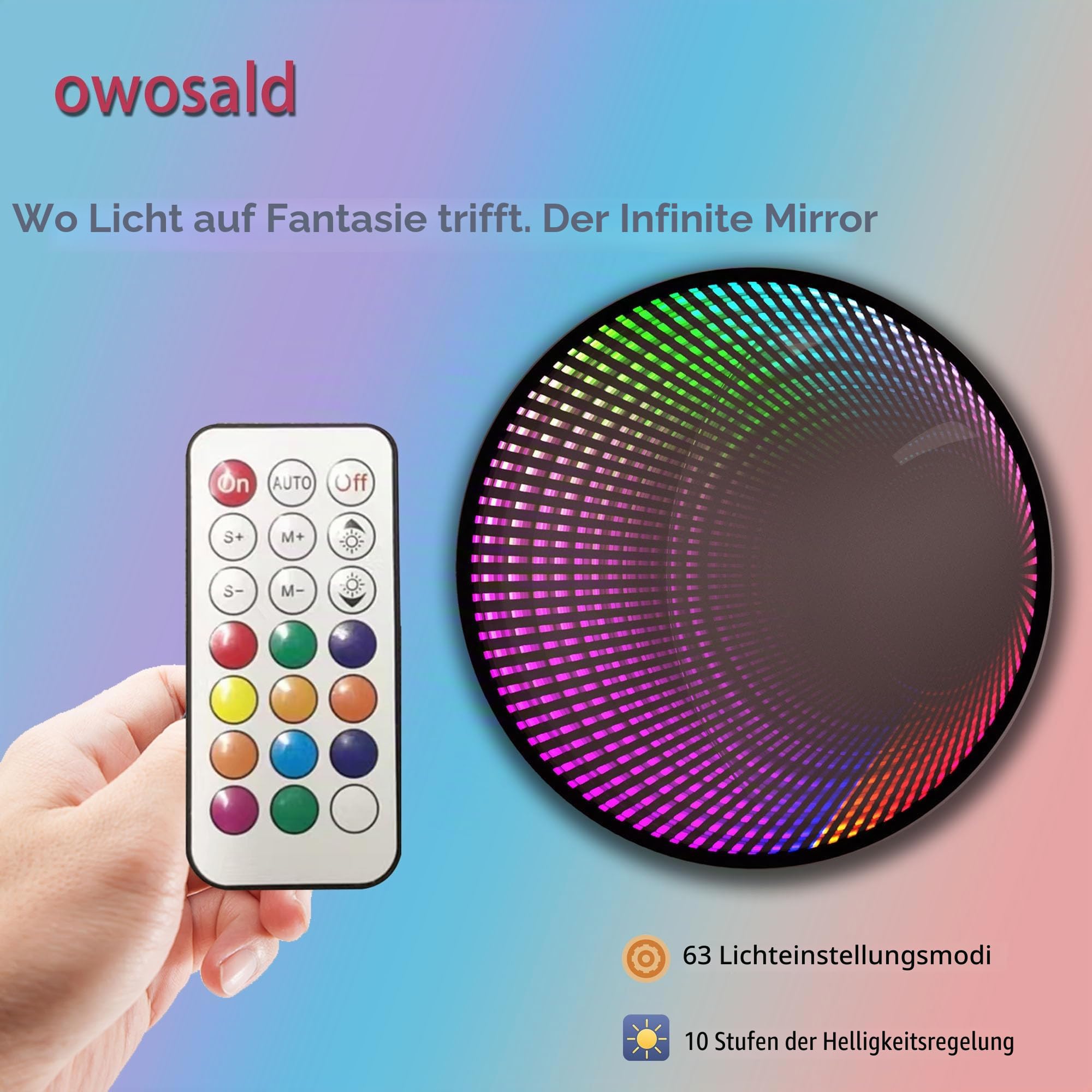 Infinity Spiegelleuchte, rund, Fernbedienung, USB-betriebene LED-Wanddekoration, dimmbar, RGB-Farbwechsel (Schwarz, Fernbedienung)