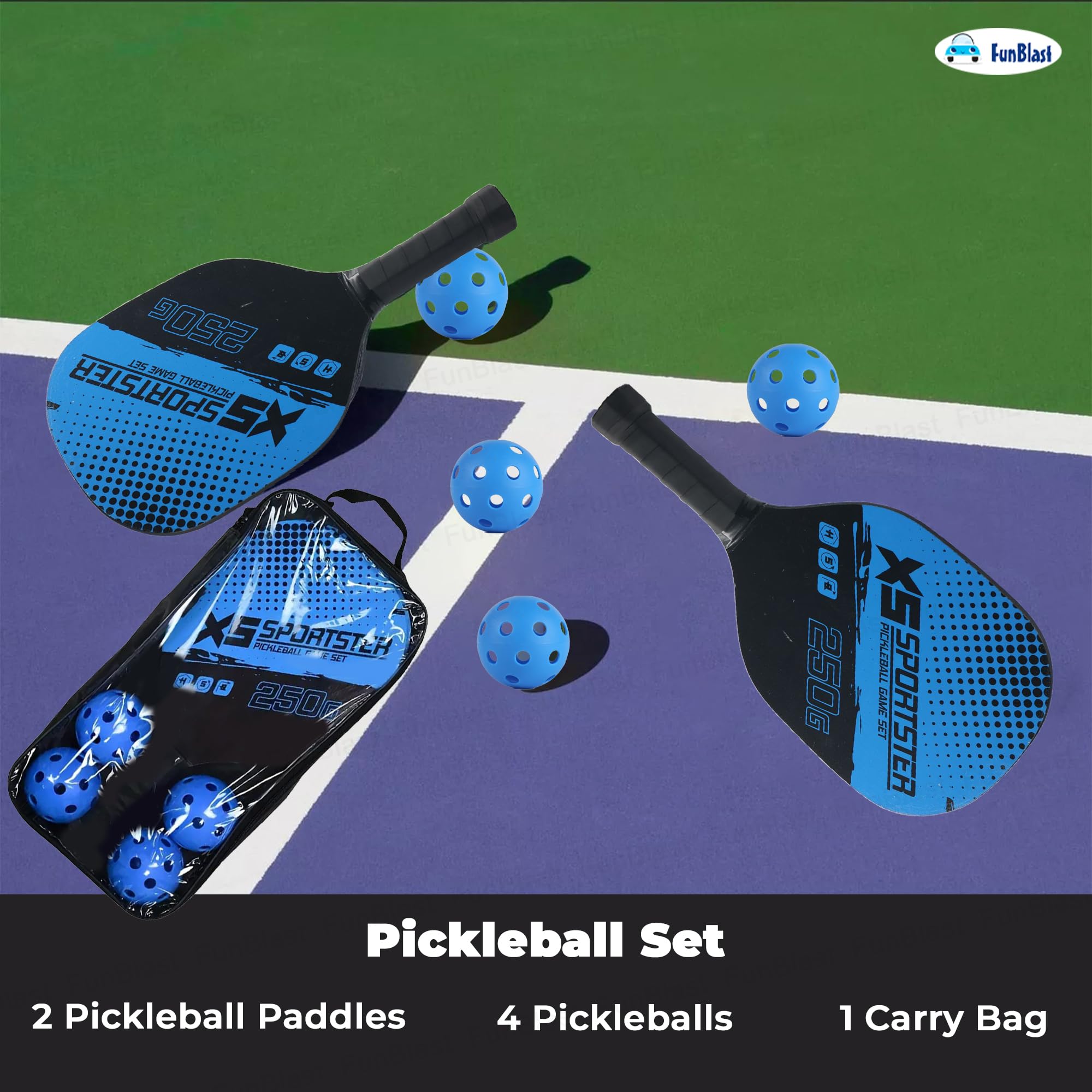 FunBlast Pickle Ball Racket Set - 2 Premium Wood Rackets with 4 Balls & Portable Carry Bag, Ideal for Kids, Men & Women - Durable & Lightweight, Outdoor Activities (Blue) — Amazon image 5