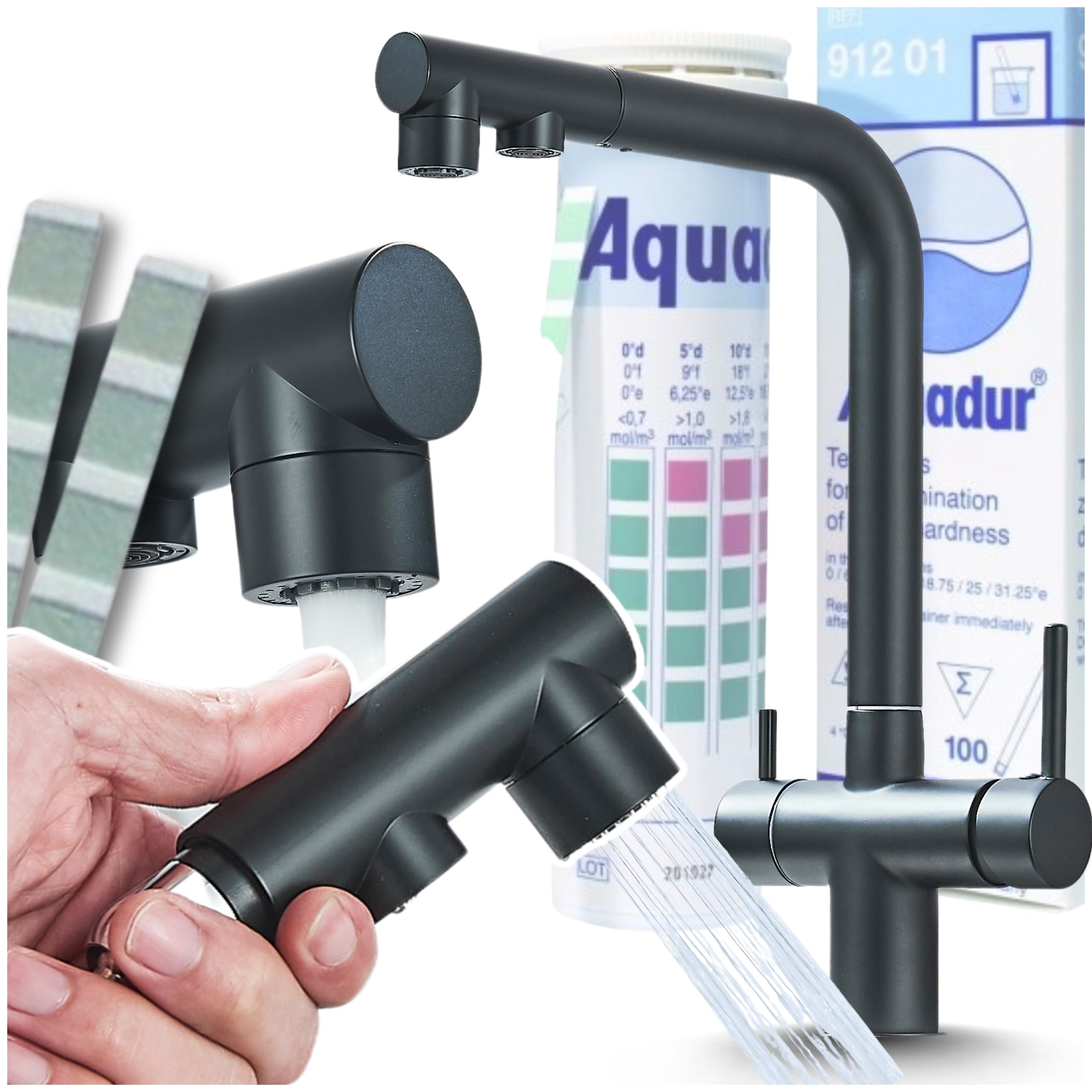 Rubinetto da cucina a 3 vie VENOM Pull-Out con doccetta estraibile, tubo separato per acqua potabile filtrata, beccuccio girevole a 360°, 2 tipi di getto, cartuccia in ceramica, corpo in ottone (nero)