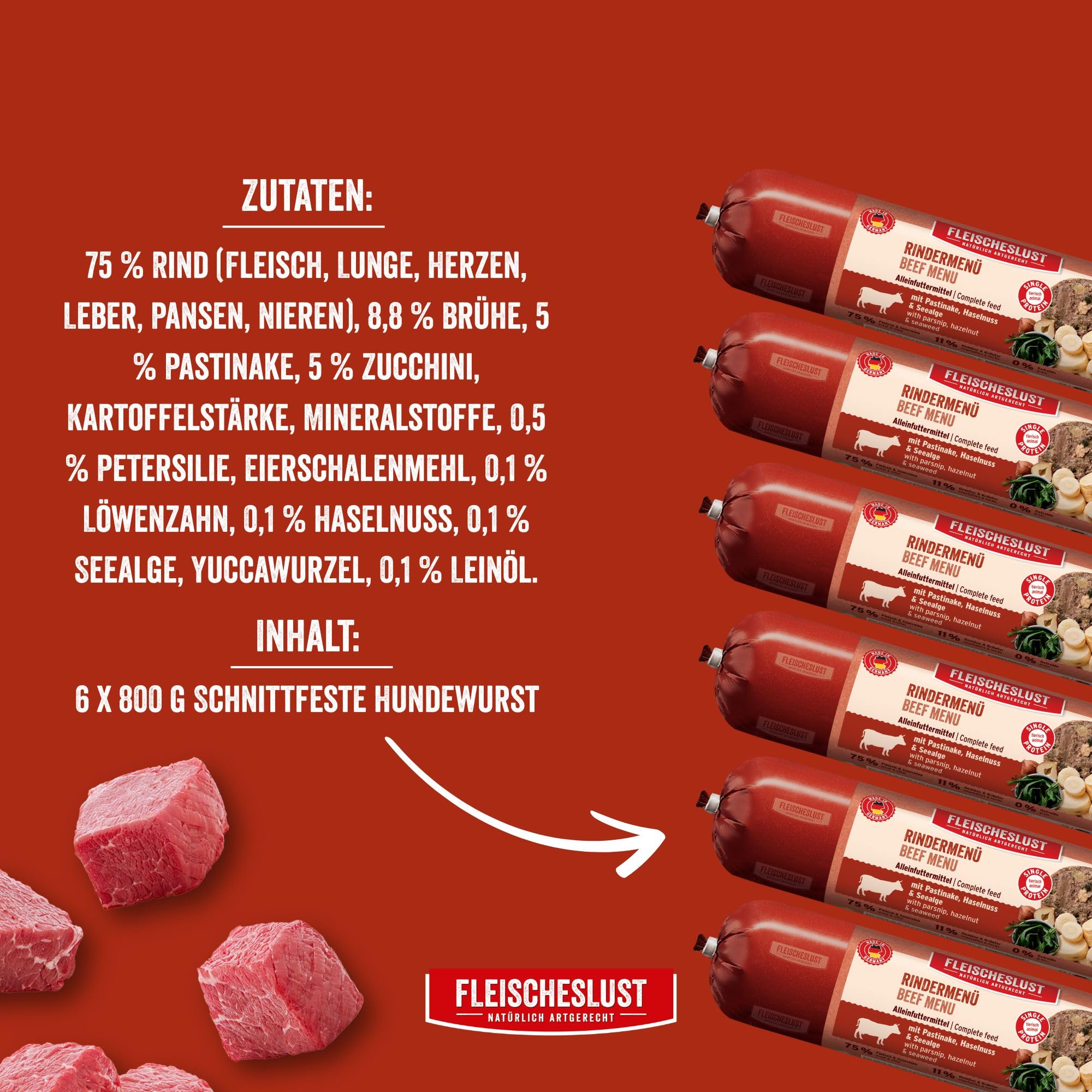 Fleischeslust Salchichas para perros, menú de carne con chirivía, avellana y algas marinas, caja de alimentos (6 x 800 g), comida húmeda, resistente a los cortes, sin cereales, pienso completo para