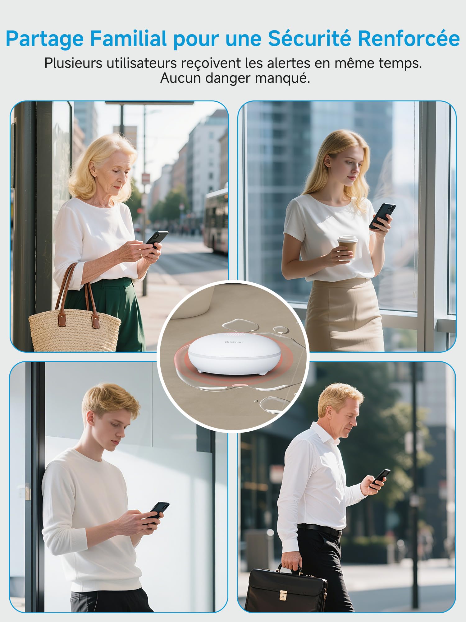 Heiman Détecteur de Fuite d'eau Intelligent avec Passerelle (Hub), Alerte App, Batterie 10 Ans, IP67 Étanche, Capteur WiFi pour Cave & Cuisine, Kit de Surveillance (2,4GHz Uniquement), HS2WL-R
