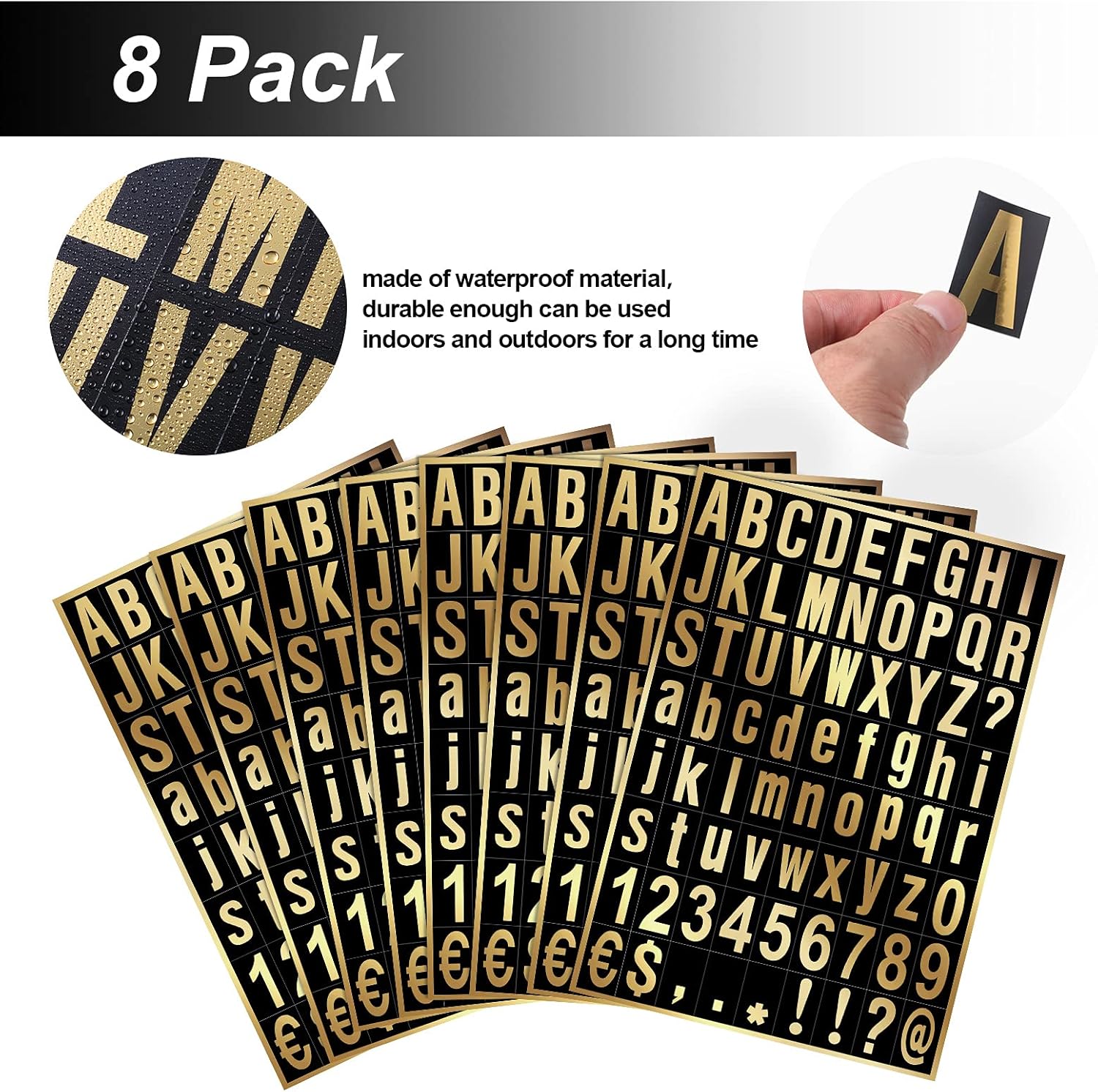 Zonon 8 Sheets Mailbox Numbers Sticker, Self-Adhesive Vinyl Letters Numbers Kit for Mailbox, Signs, Window, Door, Cars, Trucks, Home, Business, Address(1 Inch,Gold in Black)