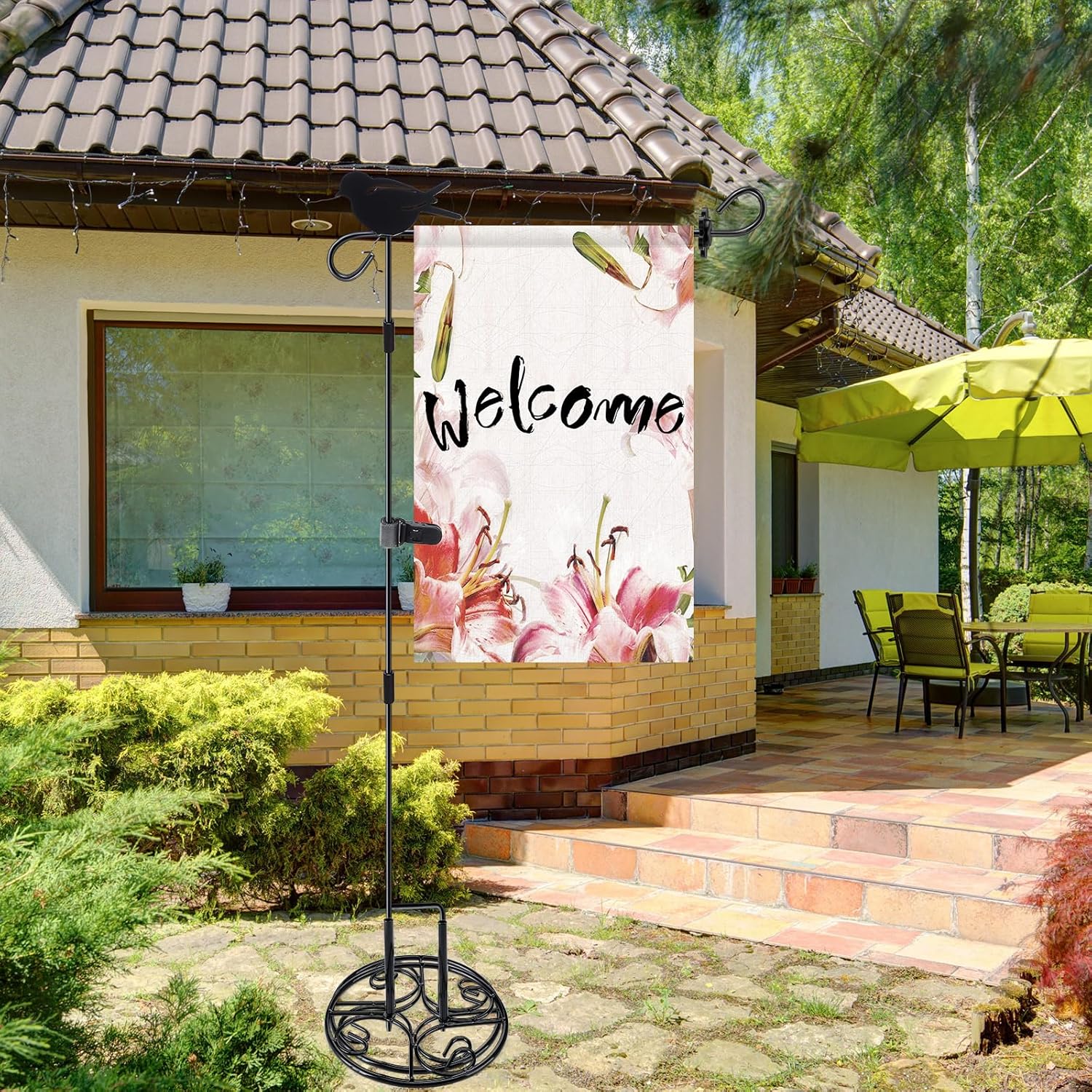 MorningRo Garden Flag Stand Garden Flag Pole Holder with Stand Base with Tiger Clip for Spring Holiday Outdoor Decoration