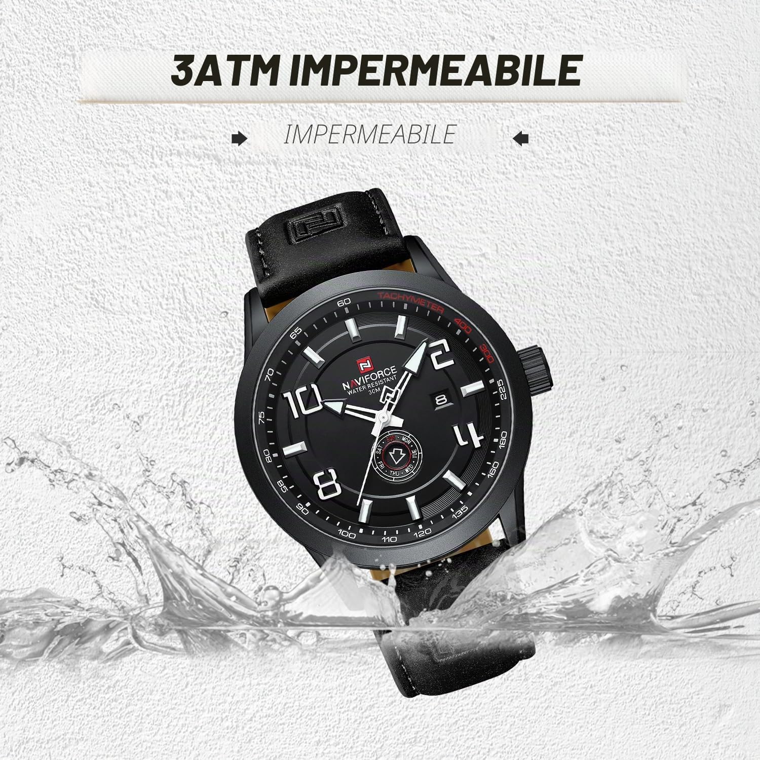 NAVIFORCE Orologio sportivo da uomo, cinturino in pelle, impermeabile, al quarzo, analogico, facile da leggere, con data automatica