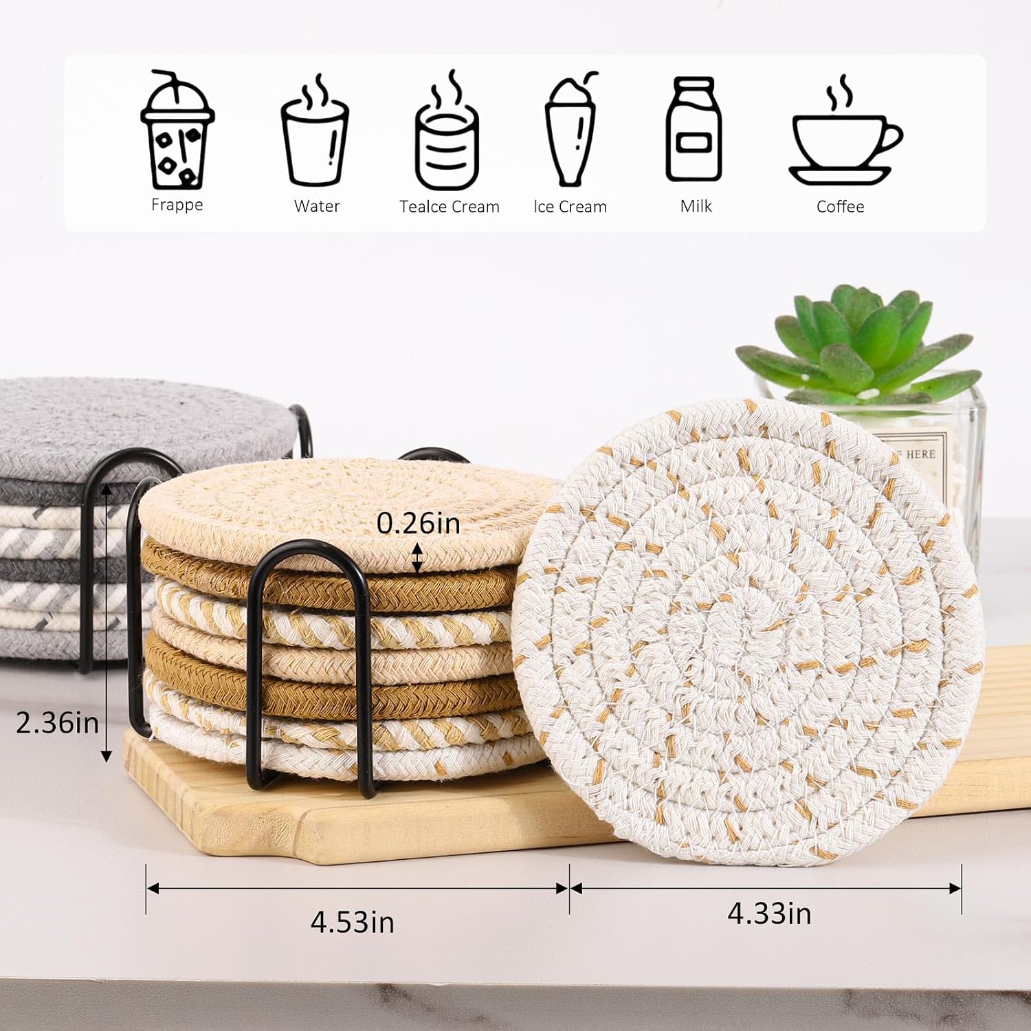16Pcs Drink Coasters with Holder, 8 Colors Absorbent Coasters Minimalist Cotton Woven Coaster for Living Room Decor,Tabletop