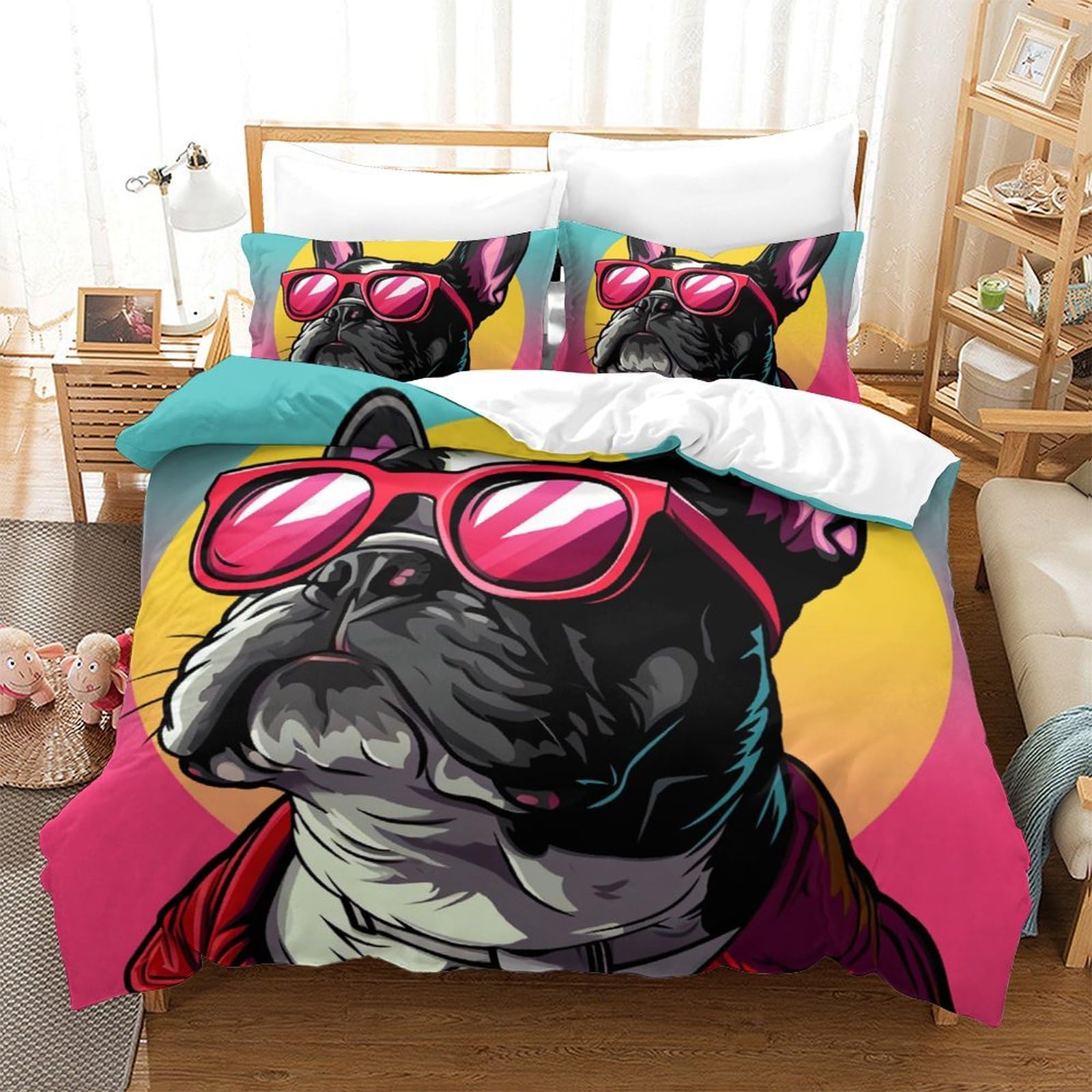 Parure de lit bouledogue français 3 pièces 220x240cm avec fermeture