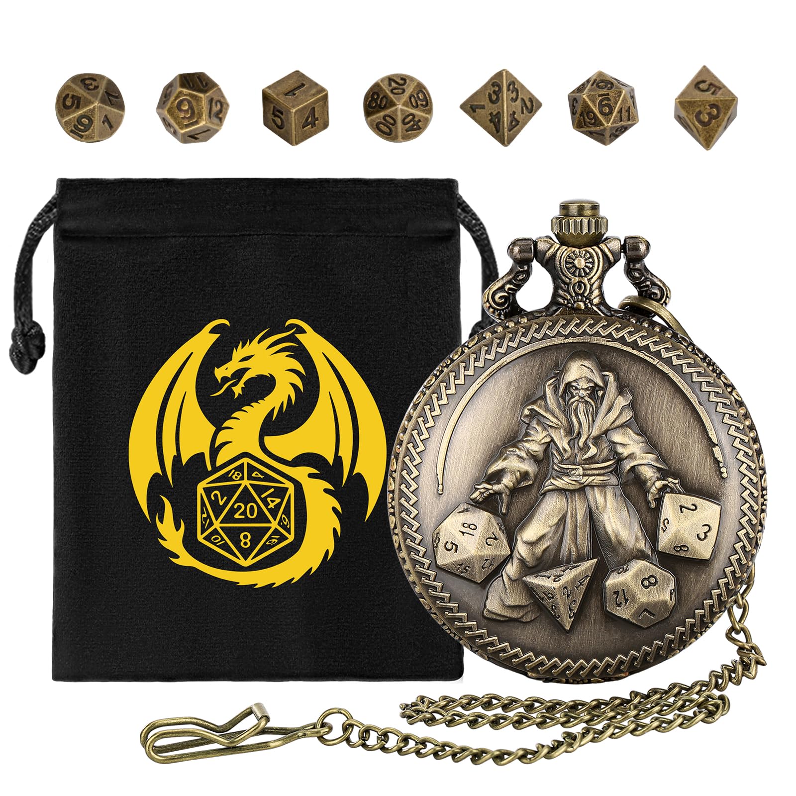 Mini DND Dice Set including Hand held Dice Wizard Pocket Watch Shell Case, 7pcs Polyhedral Metal Dice Set, D&D Starter Set