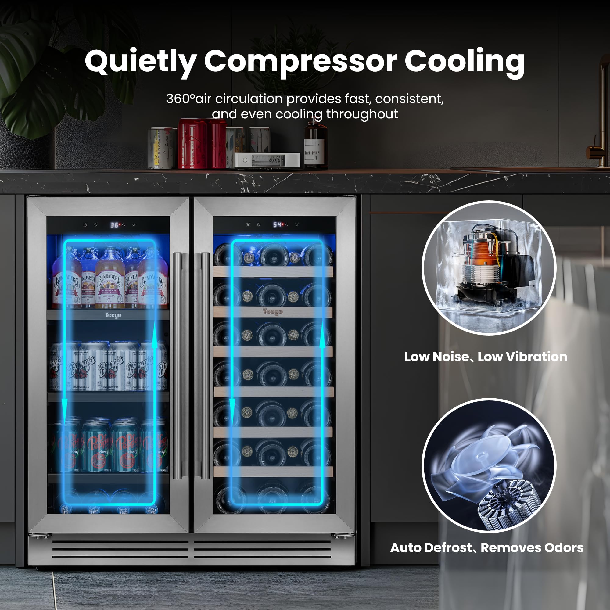 YEEGO Wine And Beverage Refrigerator, 30 Inch Dual Zone Wine Fridge With Glass Door, 36-72℉ Beer Cooler Holds 33 Bottles And 80 Cans, Built-In Or Freestanding Beverage Cooler For Home Bar Office on Fridge.com - View 3