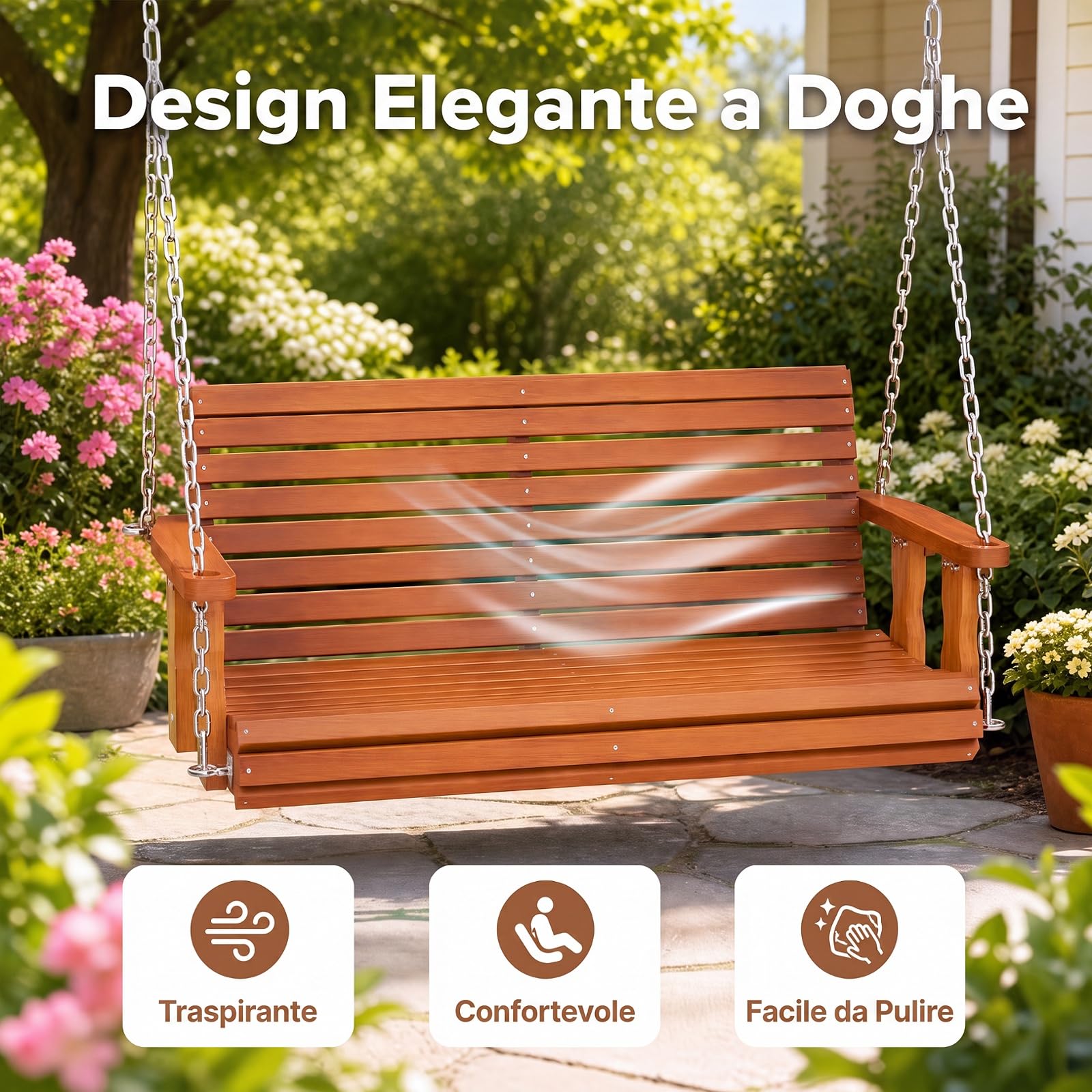 COSTWAY Altalena da Giardino a 2 Posti, Panca Sospesa in Legno | con Altezza Regolabile, Schienale Ergonomico e Sedile a Doghe, Panchina da Appendere per Giardino e Cortile, Portata 300 kg