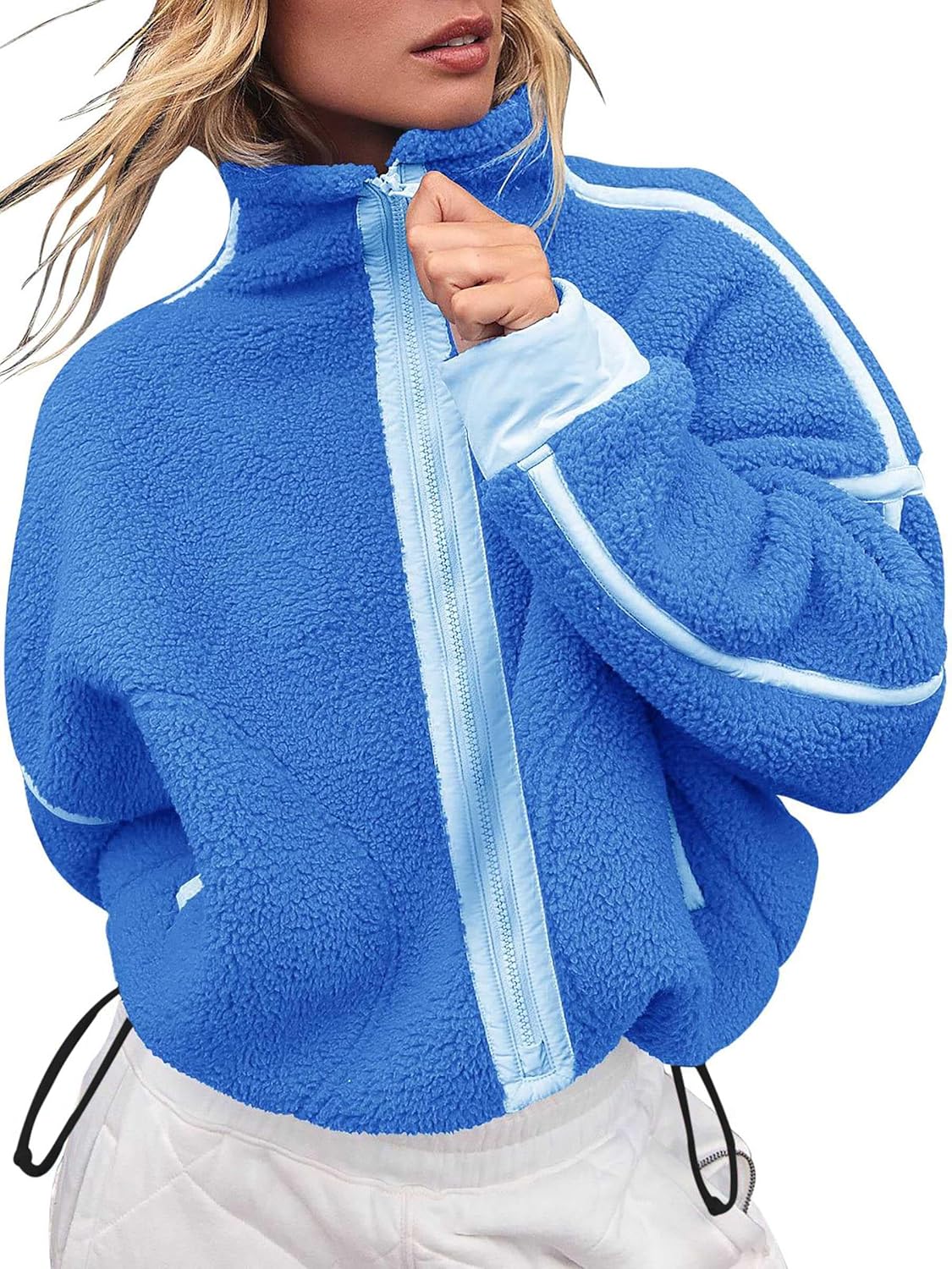 Womens Fleece Zip Up Jacket Sherpa Fuzzy Teddy Jackets Color Block Casual Oversized Coats Winter Outerwear