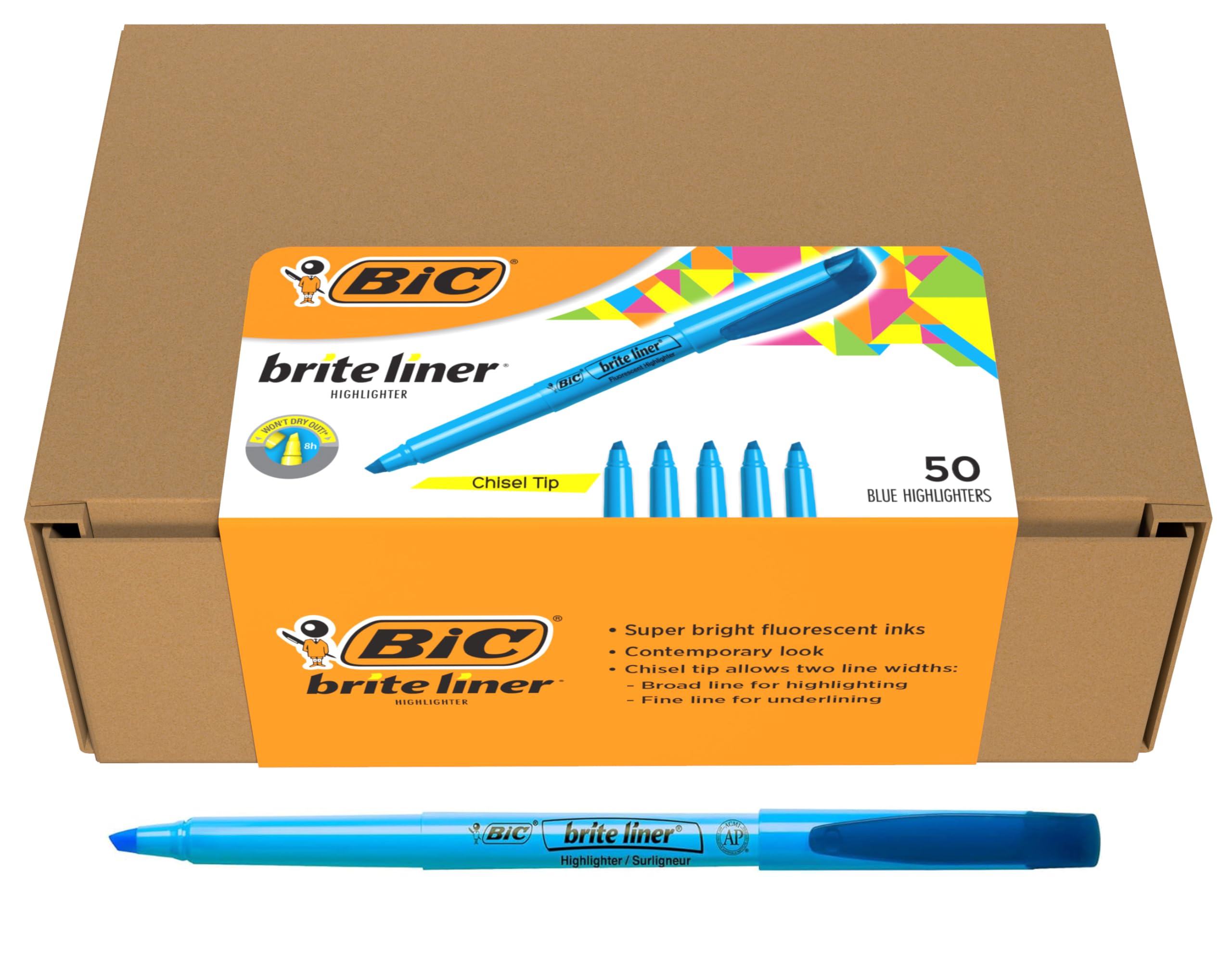 BIC Brite Liner - Resaltadores azules, punta de cincel para líneas anchas y finas, 50 unidades, juego de resaltadores ideal para organizar y colorear
