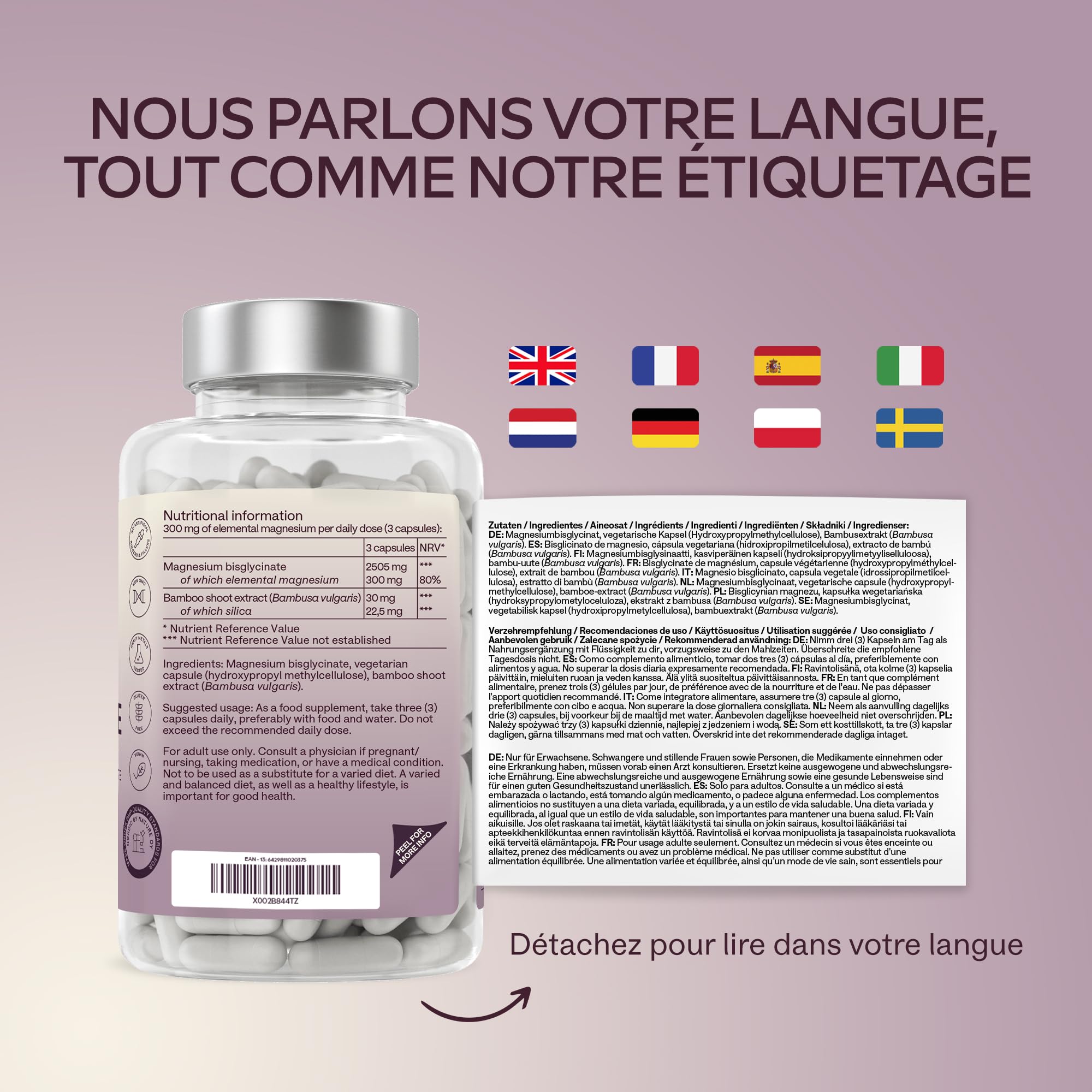 Magnesium Bisglycinate 2505mg | Magnesium Glycinate Chelaté Hautement Biodisponible 300mg Élémentaire - Bisglycinate de Magnésium Non Tamponé, Vegan - Fatigue, Sommeil, Muscles - 180 Gélules