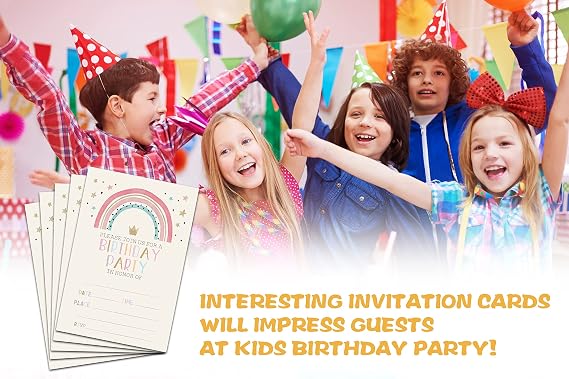 Pink Rainbow Birthday Party Invitations - Boho Rainbow Party Supplies - Fill in The Blank Birthday Party Invites - 20 Invitation Cards With 20 Envelopes - (005A)