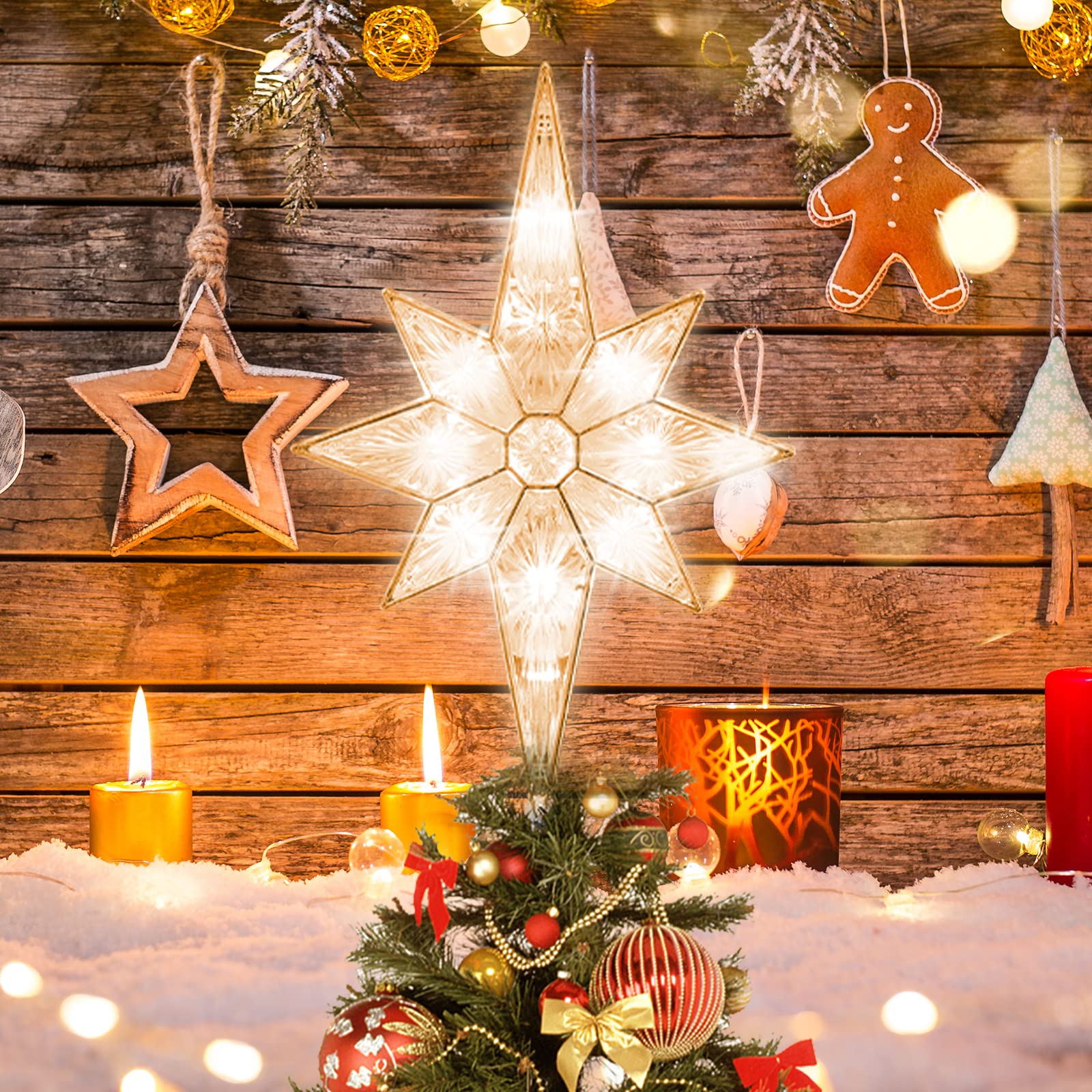 Photo 1 of GLOWNOVA 12" 11LED Lighted Christmas Tree Topper, Golden Bethlehem Star Treetop with Warm White Fairy Lights White