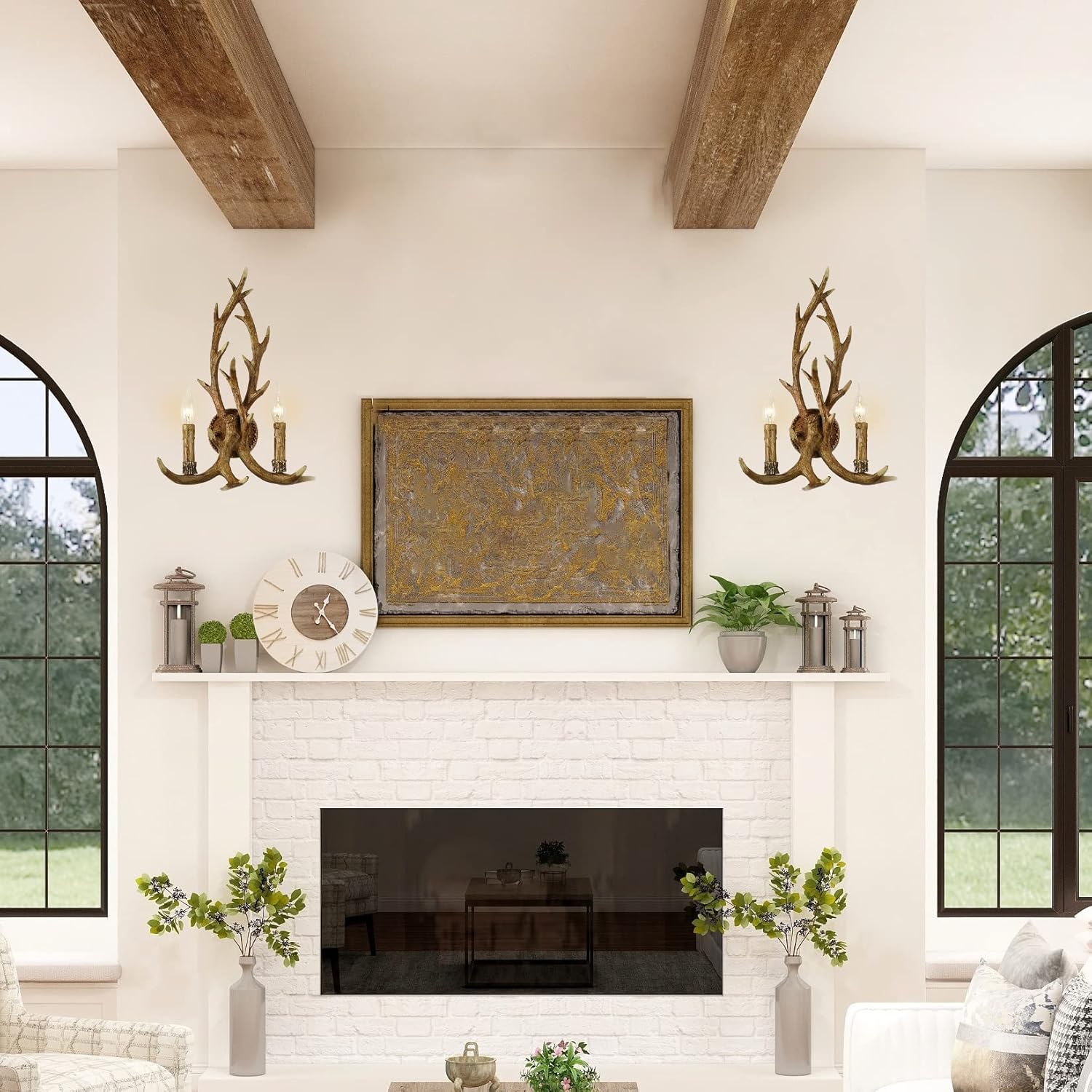 Antler Wall Sconce, Vintage Farmhouse Candle Wall Light, 2 Lights Art Deco Wall Lamp for Bedroom Hallway