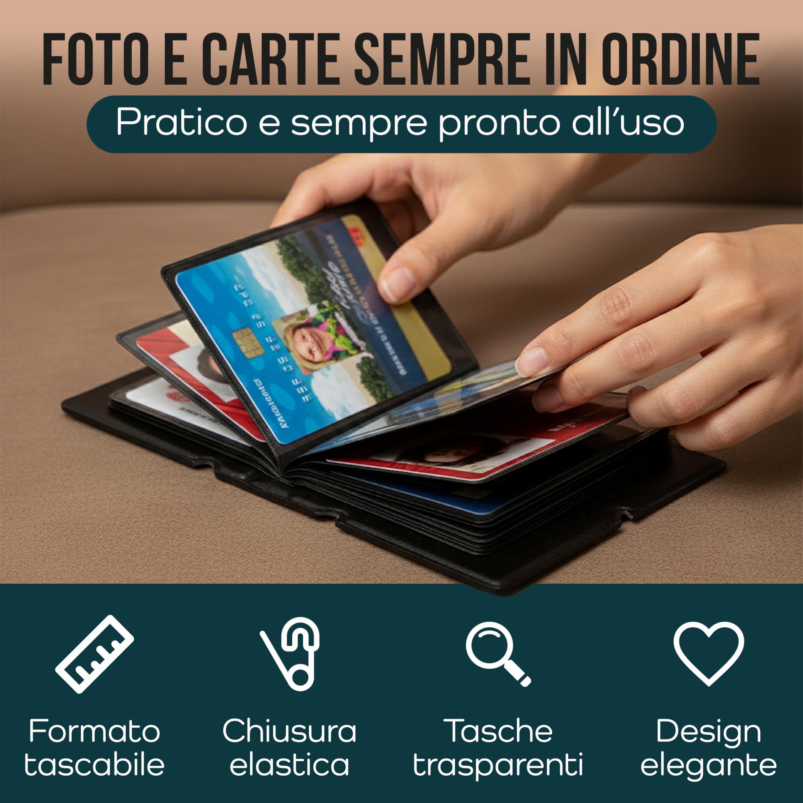 Album Tascabile Porta Foto e Carte – 28 Slot Interni – Mini Raccoglitore con Chiusura Elastico – Formato Compatto 9,5 x 5,5 cm – Tasca Trasparente – Design Minimal Elegante - 4
