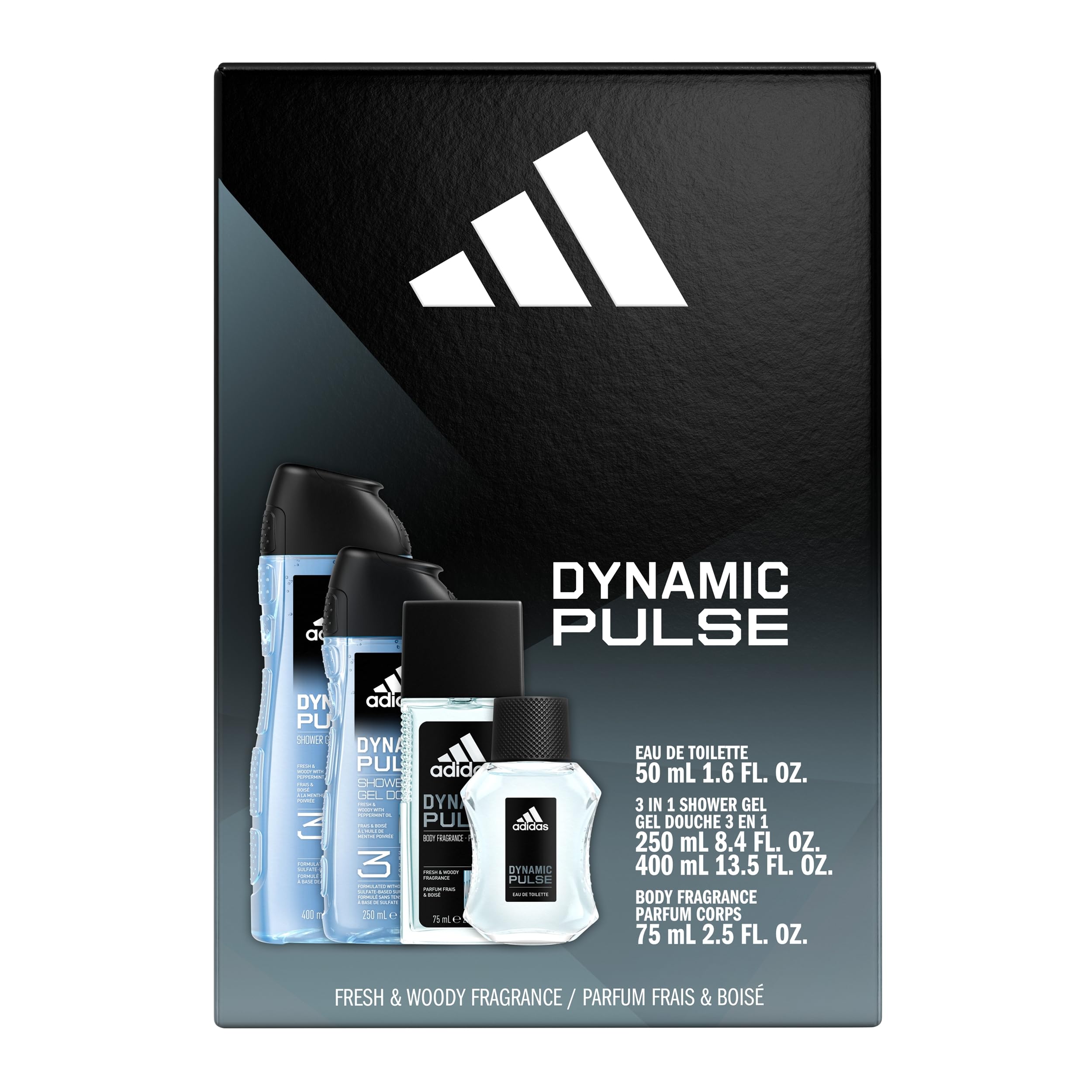 Adidas Dynamic Pulse Aftershave Giftset - 1.6 fl oz EDT + 2.5 fl oz + 8.4 fl oz + 13.5 fl oz Shower Gel, Notes of Mint, Apple, and Wood, Men's Fragrance, Long Lasting, Sporty