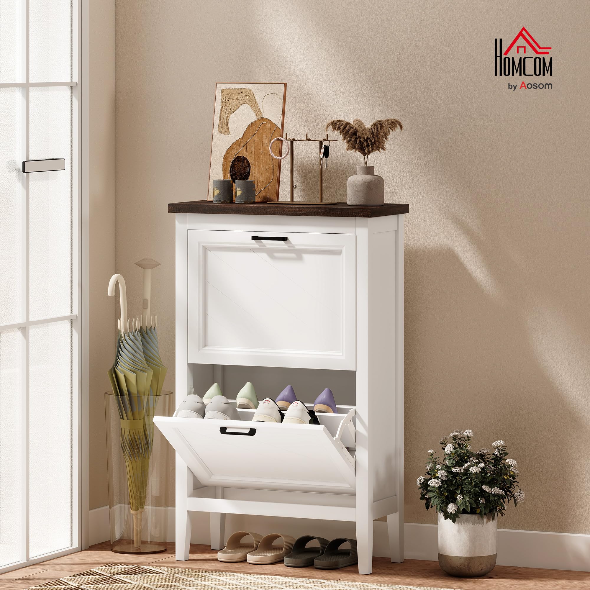 HOMCOM Scarpiera Salvaspazio Slim 2 Ante a Ribalta 8-12 Paia Bianco | Scarpiera Ingresso, Ripiani Regolabili, Porta Scarpe, Design Rustico, per Corridoio Soggiorno Ingresso