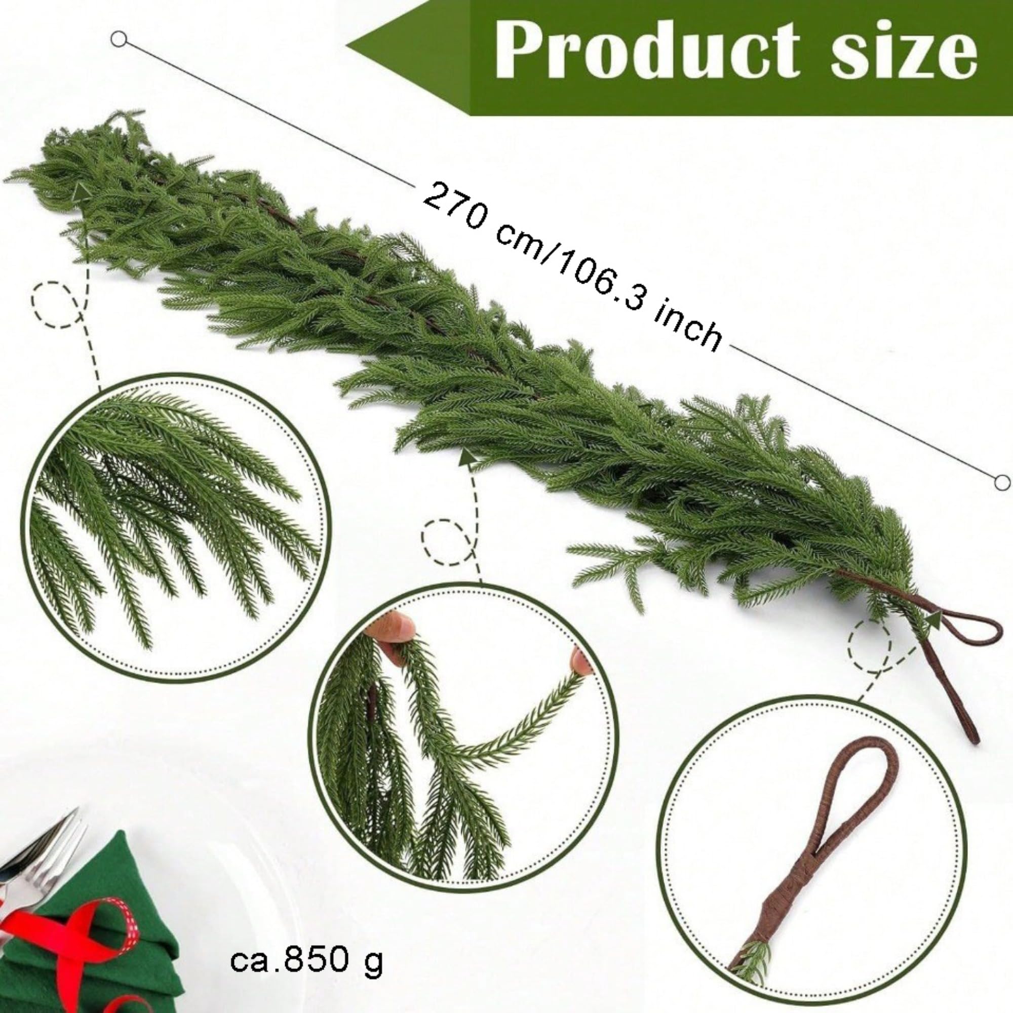 Weihnachtsgirlande, Tannengirlande, Kieferngirlande für Weihnachtsdeko Innen und Außen, Treppengeländer & Türrahmen (270 cm)