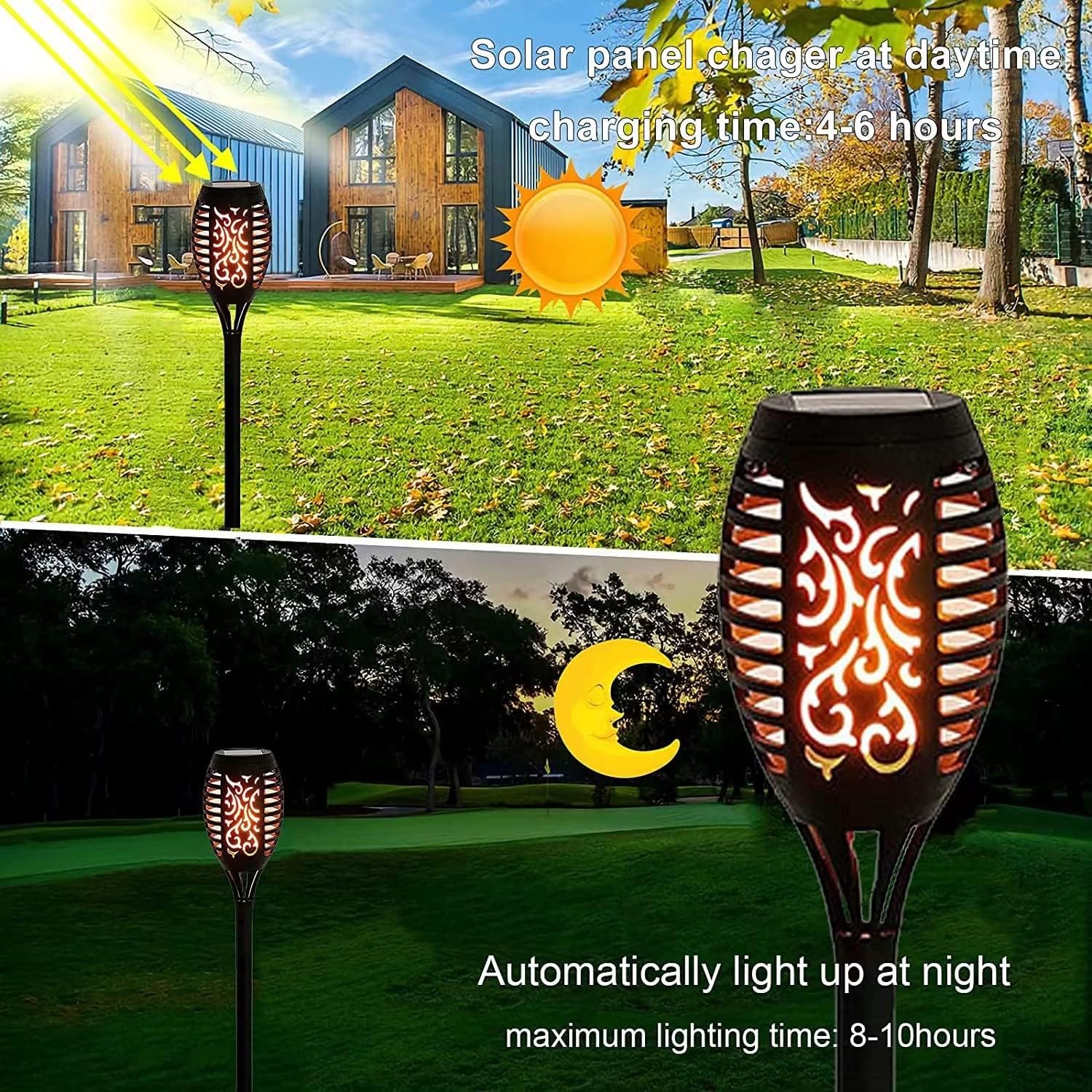 YUEWO Solar Outdoor Lights, 8pcs Solar Tiki Torces with Flickering Flame Halloween Solar Garden Lights Decorations for Christmas Party (Orange)