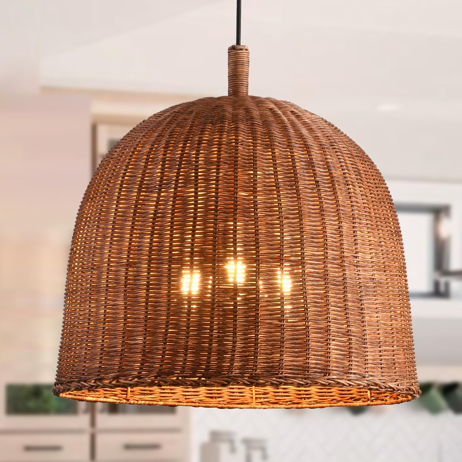 Photo 1 of HUEHENGHAO 16.54" Dark Brown Rattan Pendant Light, 3-Light Rattan Chandelier Handmade Woven, Wicker Basket Chandelier Farmhouse for Dining Living Bedroom Kitchen