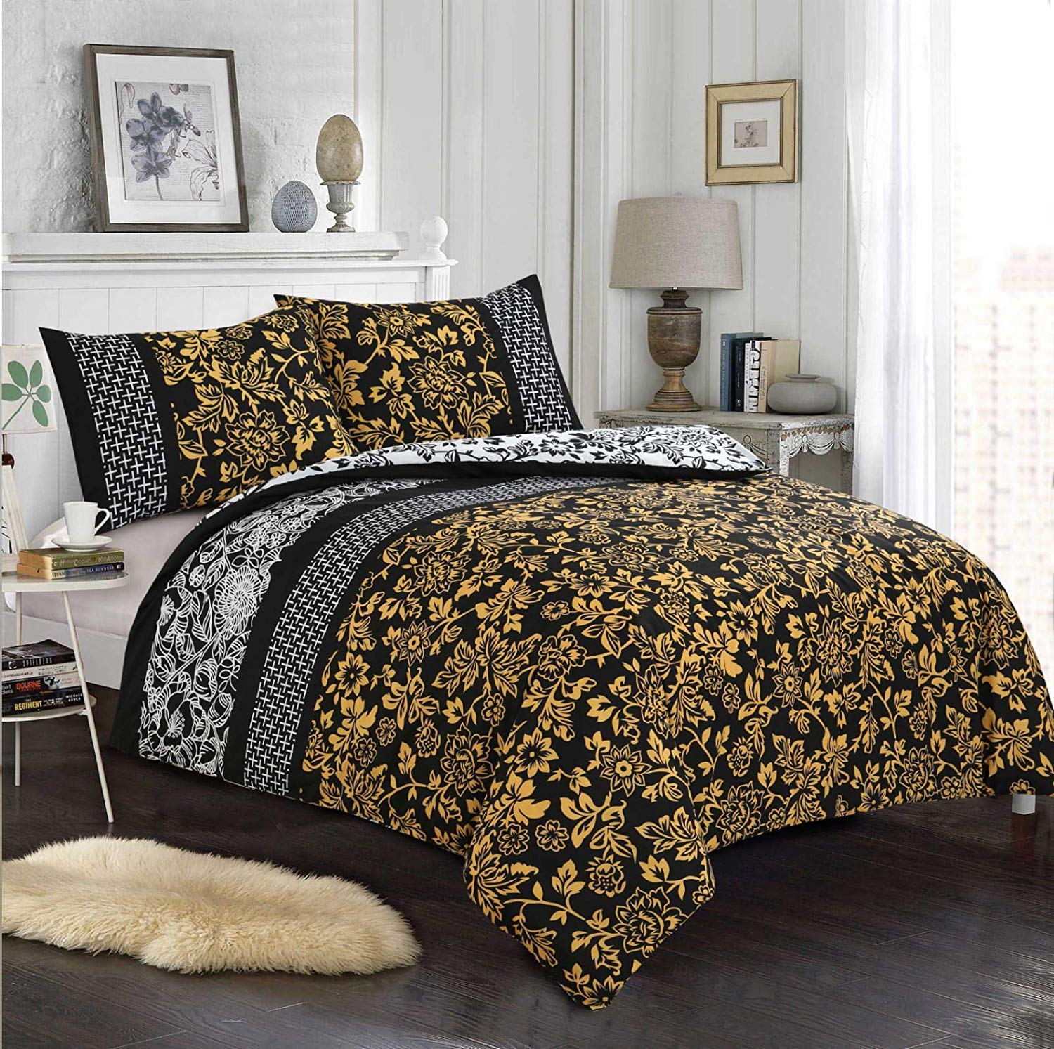 Gmtextiles Lauren Black Mustard Pure 100% Cotton Duvet Cover (, Single 135 X 200 Cm)