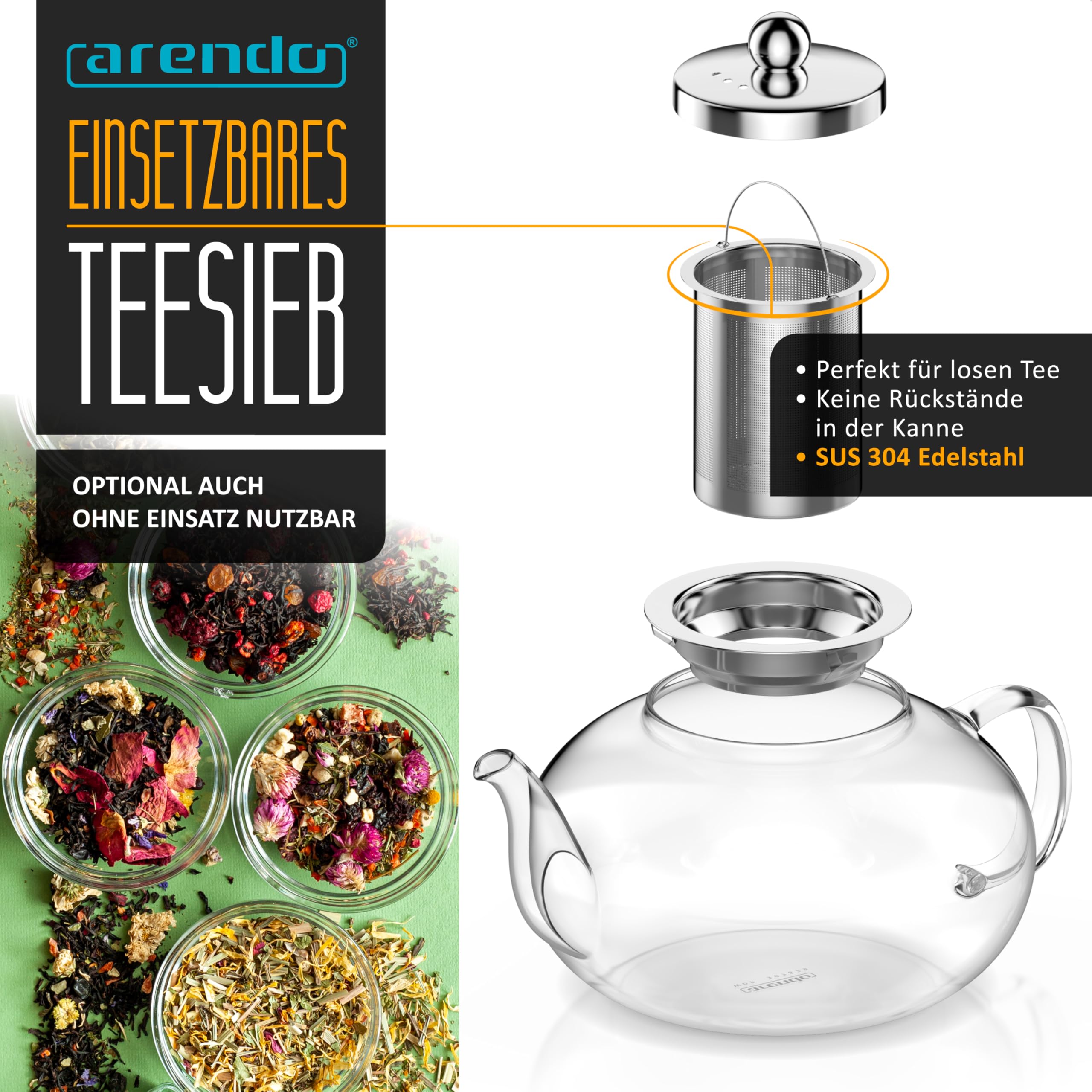 Arendo - Teekanne Glas mit Sieb - 1200 ml – aus Borosilikatglas – mit Edelstahlsieb – feinmaschig – hitzebeständig – Glasteekanne – für losen Tee Kräutertee Früchtetee – Teekocher – langlebig – feinma