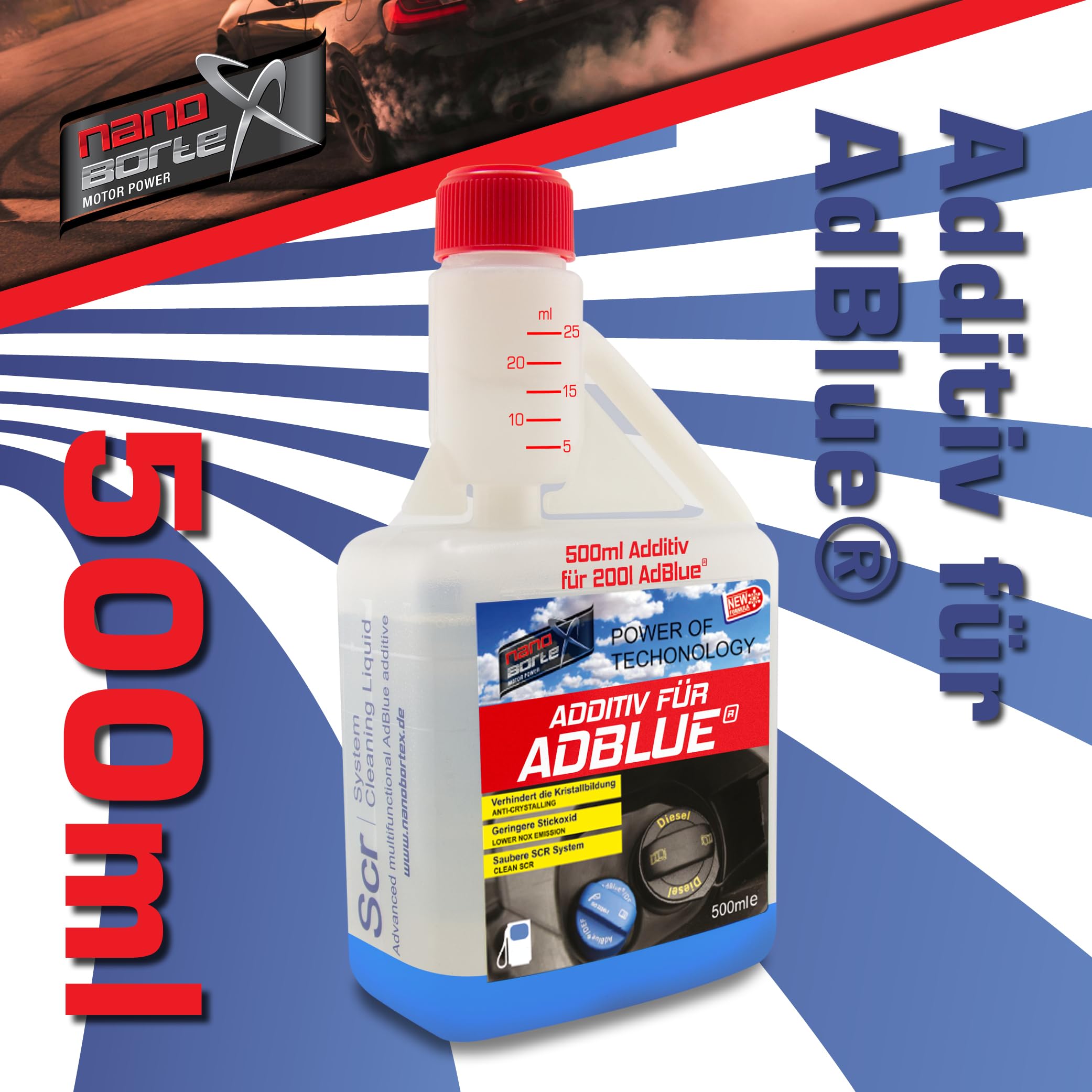 NanoBorTeX Additivo per AdBlue® – SCR Cleaner contro la formazione di cristalli e pulisce il sistema SCR, migliora le prestazioni del catalizzatore e garantisce una pulizia efficace dei gas di scarico