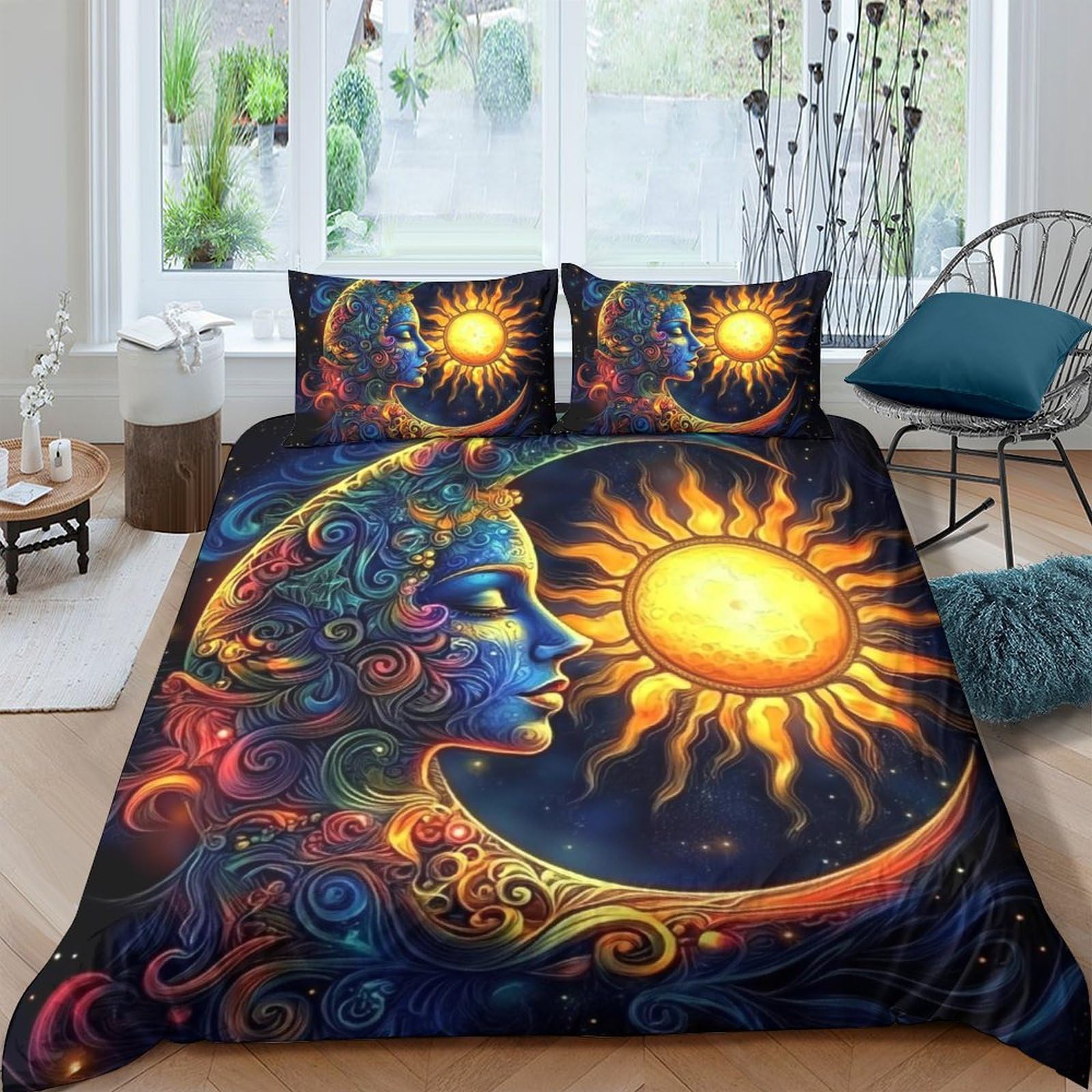 Ctjqhvkz Style-8 3D Printed Sun Moon Fitted Sheet Microfiber Soft Artistic Bed Cover For Bedroom Guest Room Decor Easy Care Single（135X200cm）