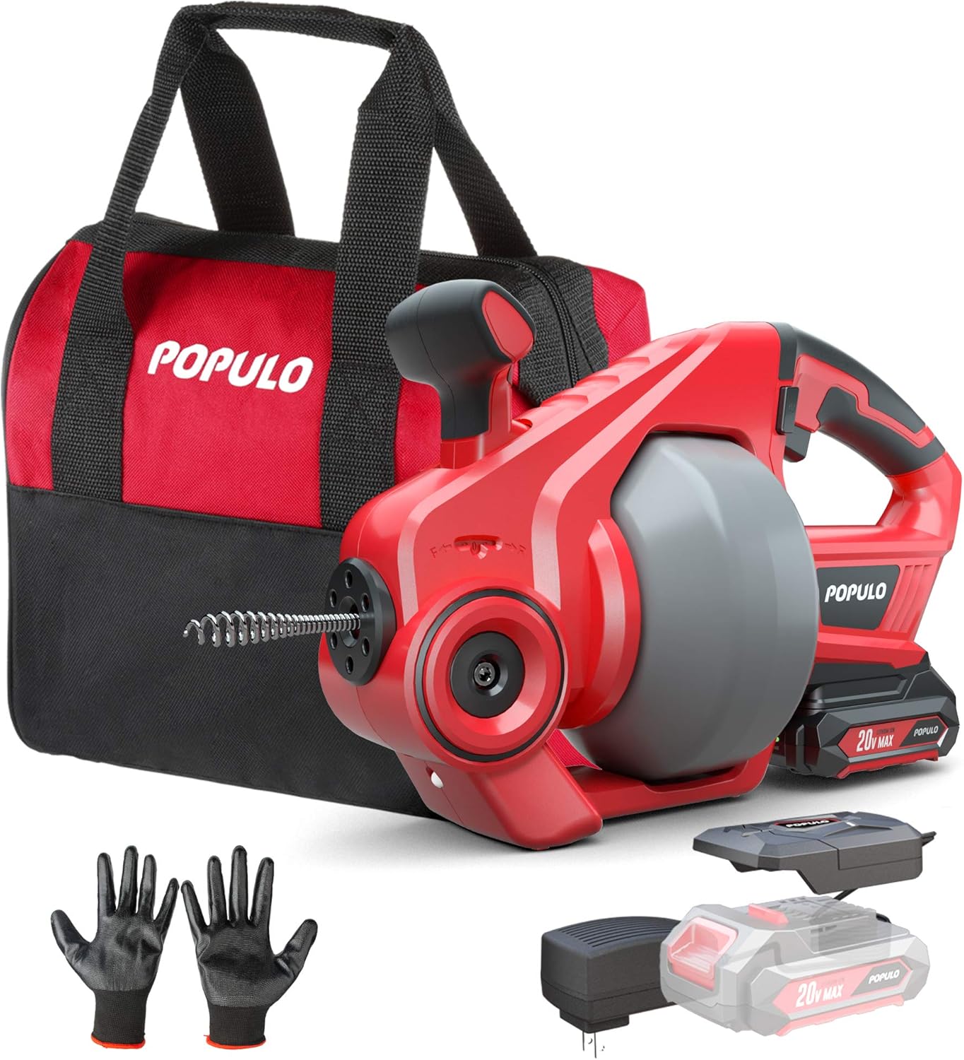 POPULO 20V Cordless Electric Drain Auger-Efficient 25Ft Auto-Feed Drain Snake with Replaceable Cable