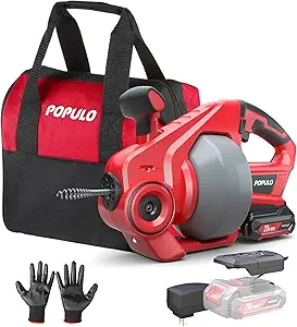 POPULO 20V Cordless Electric Drain Auger-Efficient 25Ft Auto-Feed Drain Snake with Replaceable Cable,2.0Ah Battery,Charger,Storage Bag & Gloves for Kitchen,Bathroom,Shower Pipes (3/4"-2")"