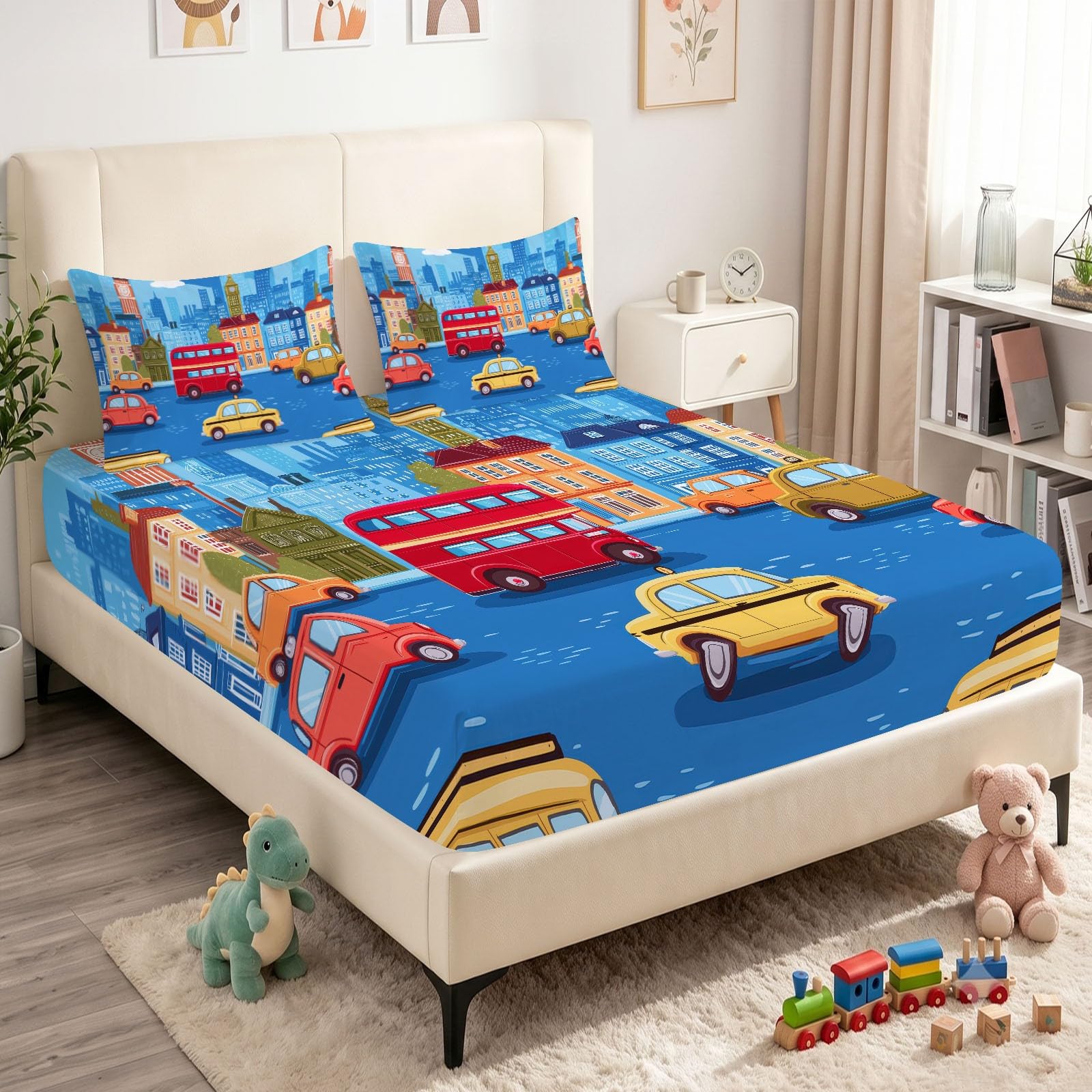 Juego de 3 sábanas bajeras ajustables de 90 x 200 cm para cuna, diseño de dibujos animados, de microfibra transpirable, sábana bajera con vehículo y 2 fundas de almohada de 80 x 80 cm con cremallera