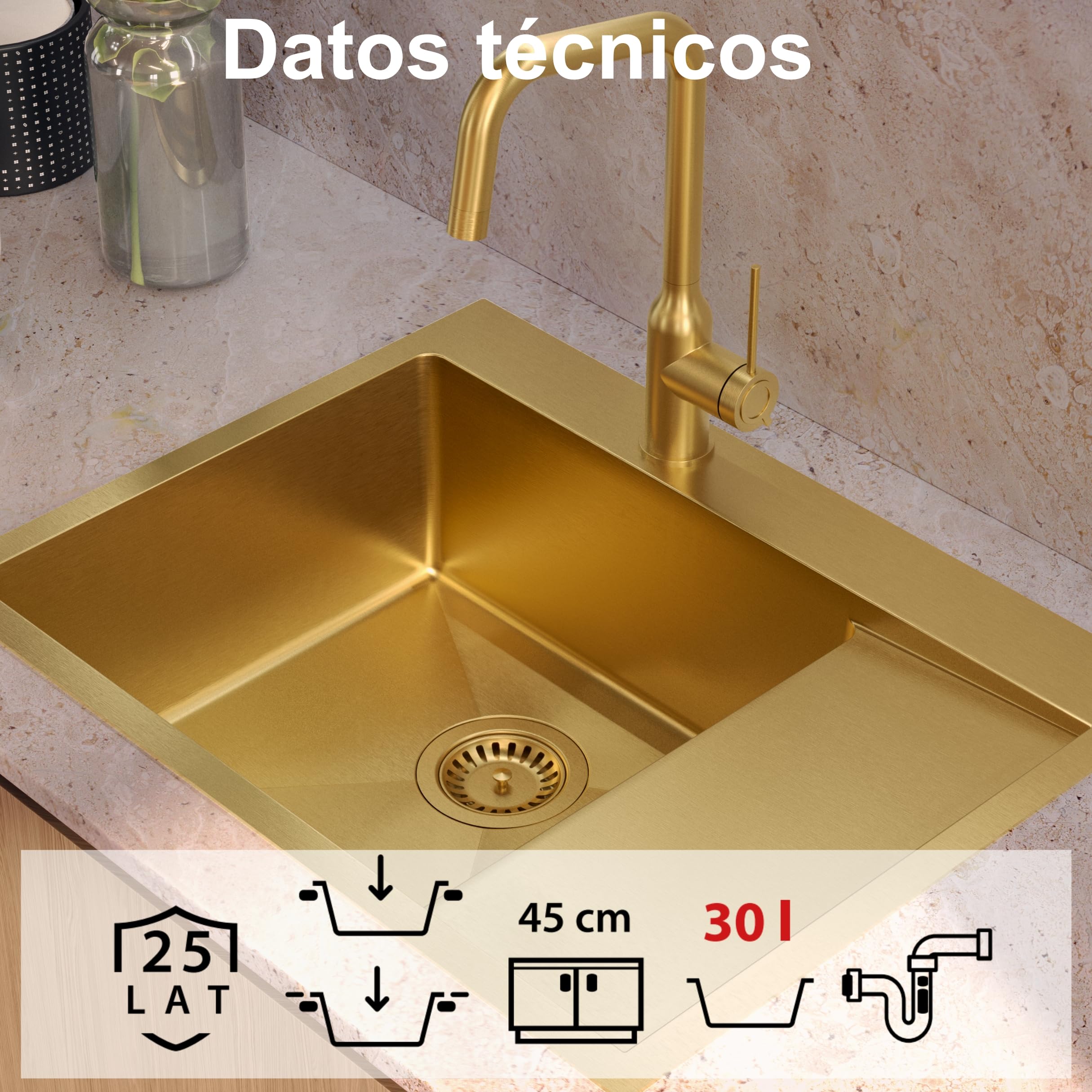 QUADRON fregadero de acero inoxidable | tamaño 62 x 48 x 20 cm color: plata | fregadero de un seno RUSSEL 116 fregadero de cocina de un seno con cámara de acero | con sifón y tapón de rosca