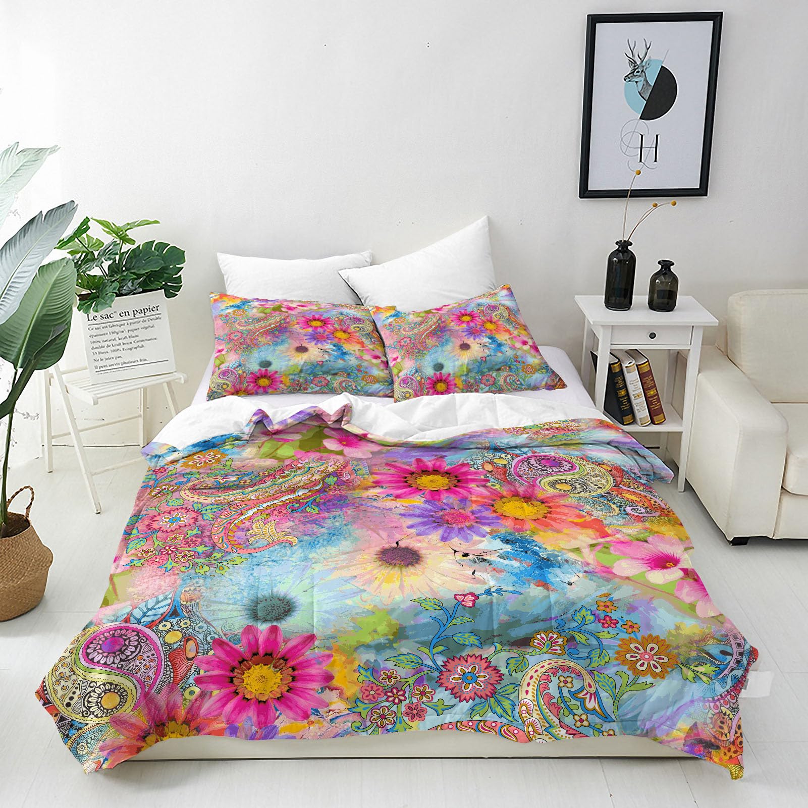 ANHOPE Boho Paisley Duvet Cover Set Soft Lightweight Microfibre Quilt Cover with 2 Pillowcase Watercolor Bohemian Flower Print Pattern 3 Pcs Bedding Set including Zipper Closure Single 135 x 200 cm