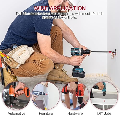Miniatura 6 de Juego de 4 extensiones de brocas, soporte magnético para brocas de vástago hexagonal de 1/4 pulgadas en longitudes de 2, 4, 6 y 12 pulgadas, acero