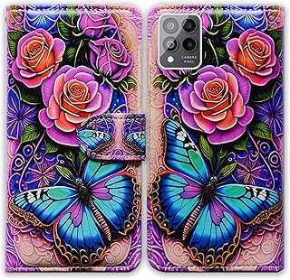 Bcov Revvl 6 Pro 5G Case,Blue Butterfly Flowers Rose Leather Flip Phone Case Wallet Cover with Card Slot Holder Kickstand for Revvl 6 Pro 5G