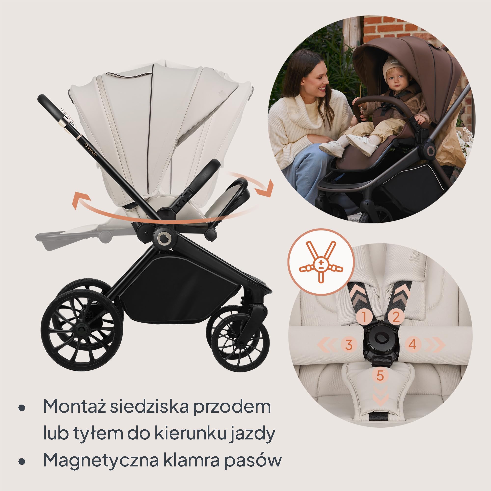 LIONELO MIKA PLUS 3 w 1 Wózek Spacerowy Dziecięcy 0-48 miesięcy do 22 kg Gondola do 9 kg Fotelik Samochodowy Nosidło do 13 kg, Regulacja Oparcia, Amortyzacja, Koła 360° Budka XXL (Beżowy) | Od 0 do 48 miesięcy, do 22 kg, gondola do zawieszenia, kółka 360°