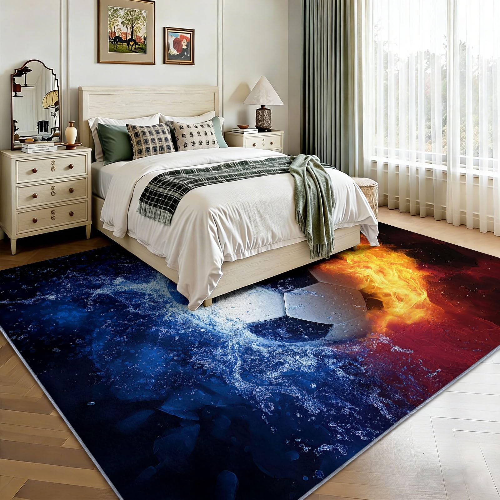 Generisch Fantasy Sport dywan z motywem płomienia do salonu, 120 x 170 cm, do pokoju zabaw, pokoju dziecięcego, na siłownię, do kuchni, antypoślizgowy, ciemnoniebieski, miękki, z krótkim włosiem