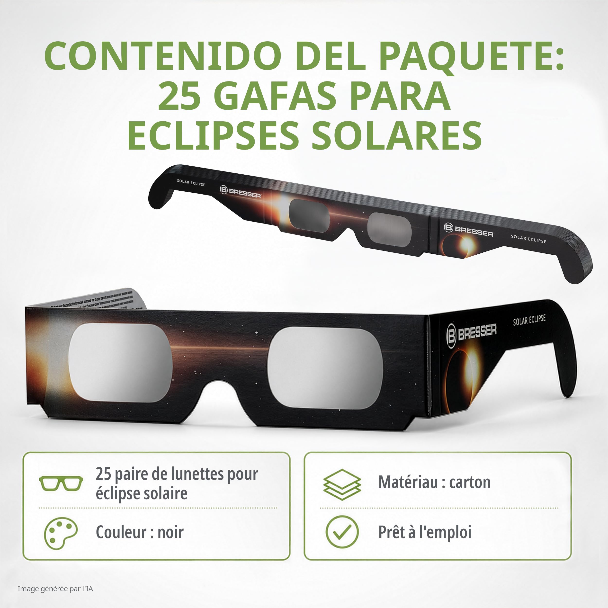 BRESSER Lunettes Éclipse Solaire 25 Pièces, Observation Sûre du Soleil, EN ISO 12312 2:2015, Image Jaune Clair, Design B