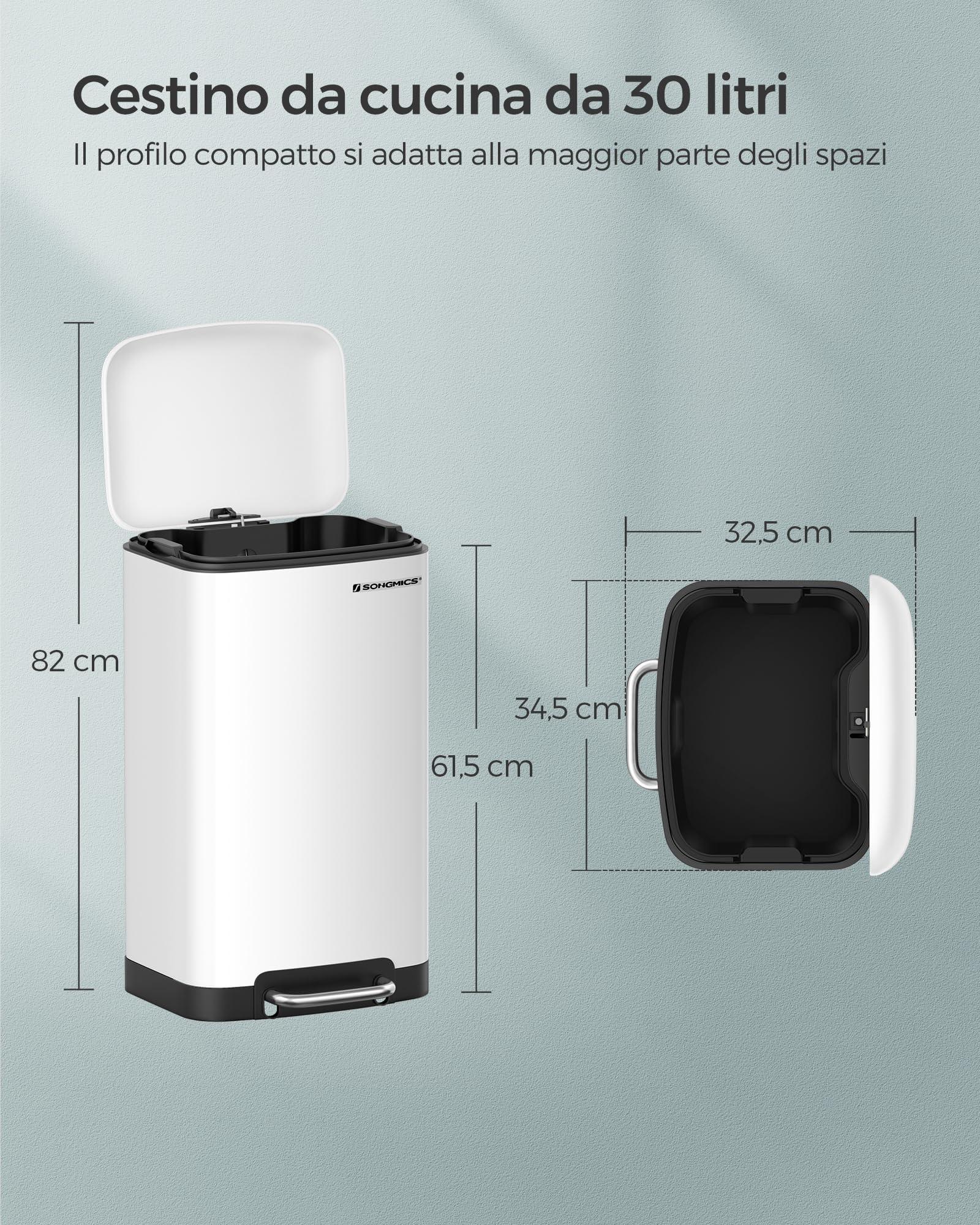 SONGMICS Pattumiera da Cucina, Cestino della Spazzatura da 30L, Pattumiera a Pedale in Acciaio con Coperchio e Secchio Interno, Chiusura Morbida Ammortizzata, Bianco LTB01W