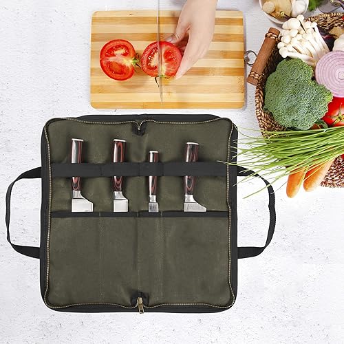 Miniatura 6 de Kaaltisy Bolsa para cuchillos de chef con 4 ranuras, rollo de cuchillo de lona encerada de 16 onzas con tela anticorte, portacuchillos profesional