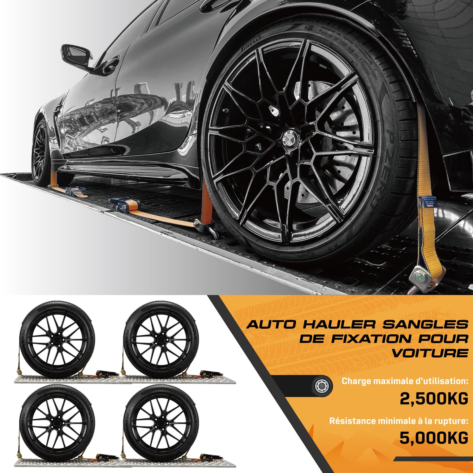 4 Lots de Sangles pour Roues 50mm x 2.5m | Sangle à Cliquet 5000kg pour Transport de Véhicules | avec Patins Anti-Dérapants et Crochet Pivots 360° | Certifié TÜV G/S DIN en 12195-2